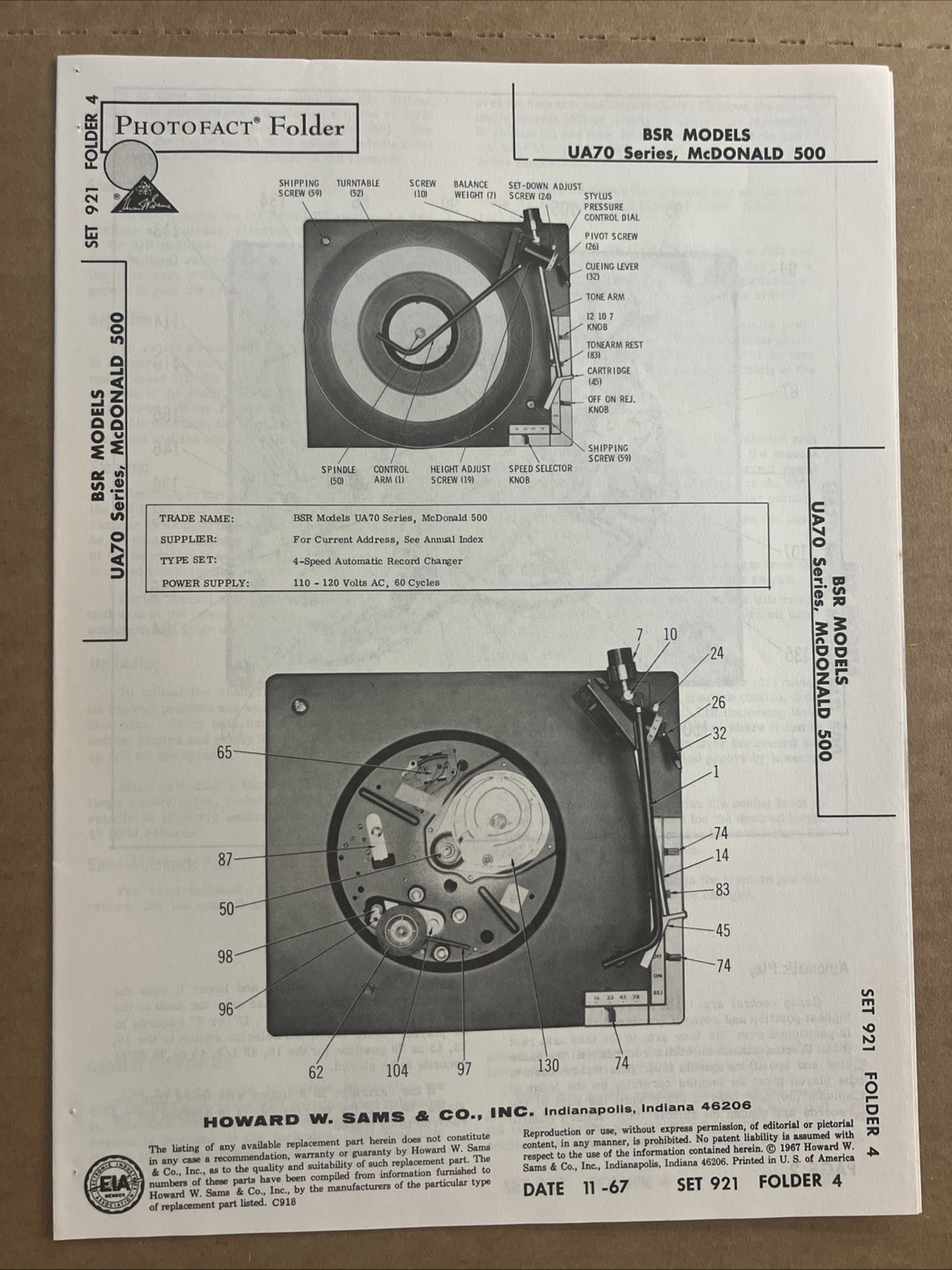 Vintage Sams Photofact Schematic 11-1967 BSR MODELA UA70 Series, McDonald 500