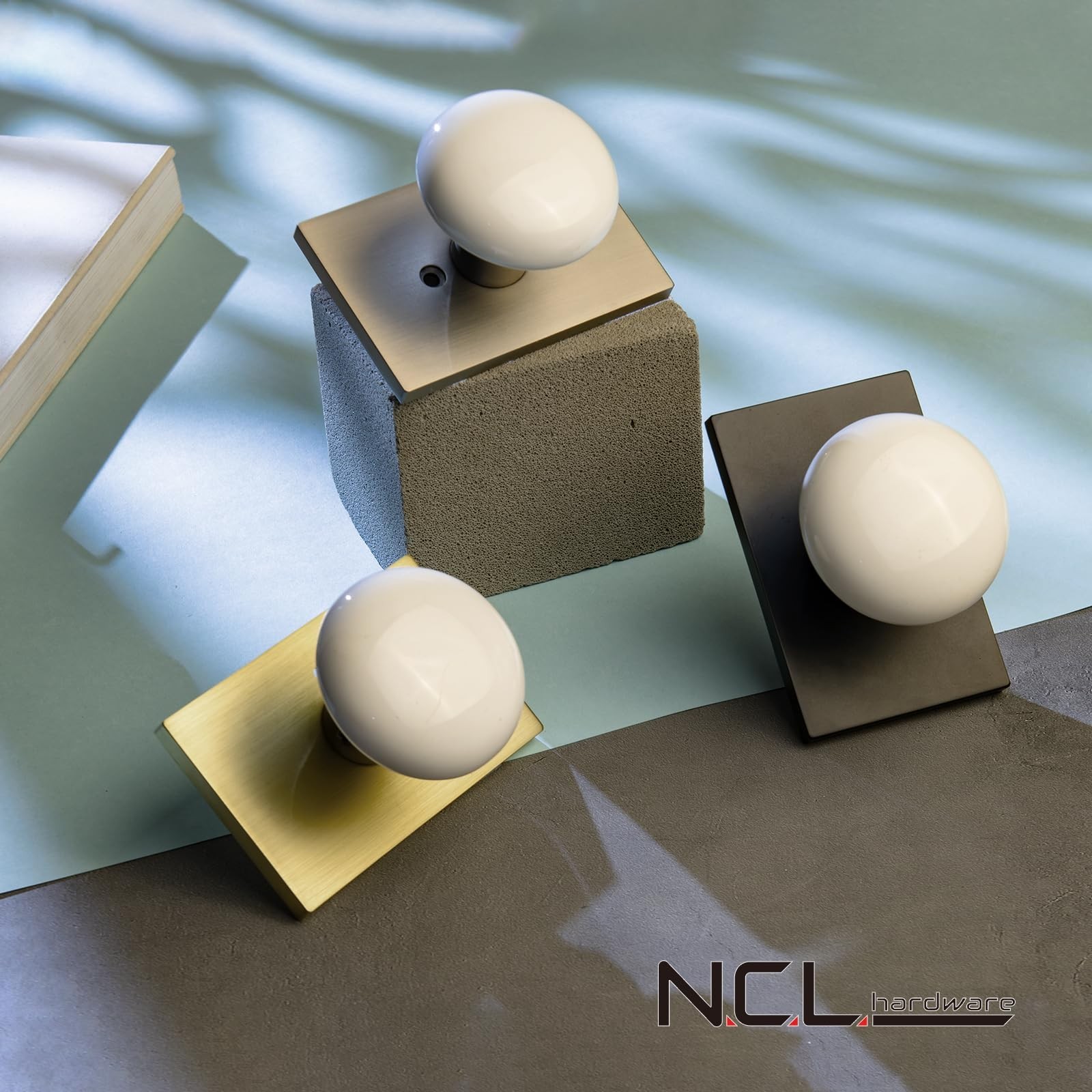 NCL White Door Knob, Satin Brass Porcelain Door Knobs Interior, Rectangle Doo...