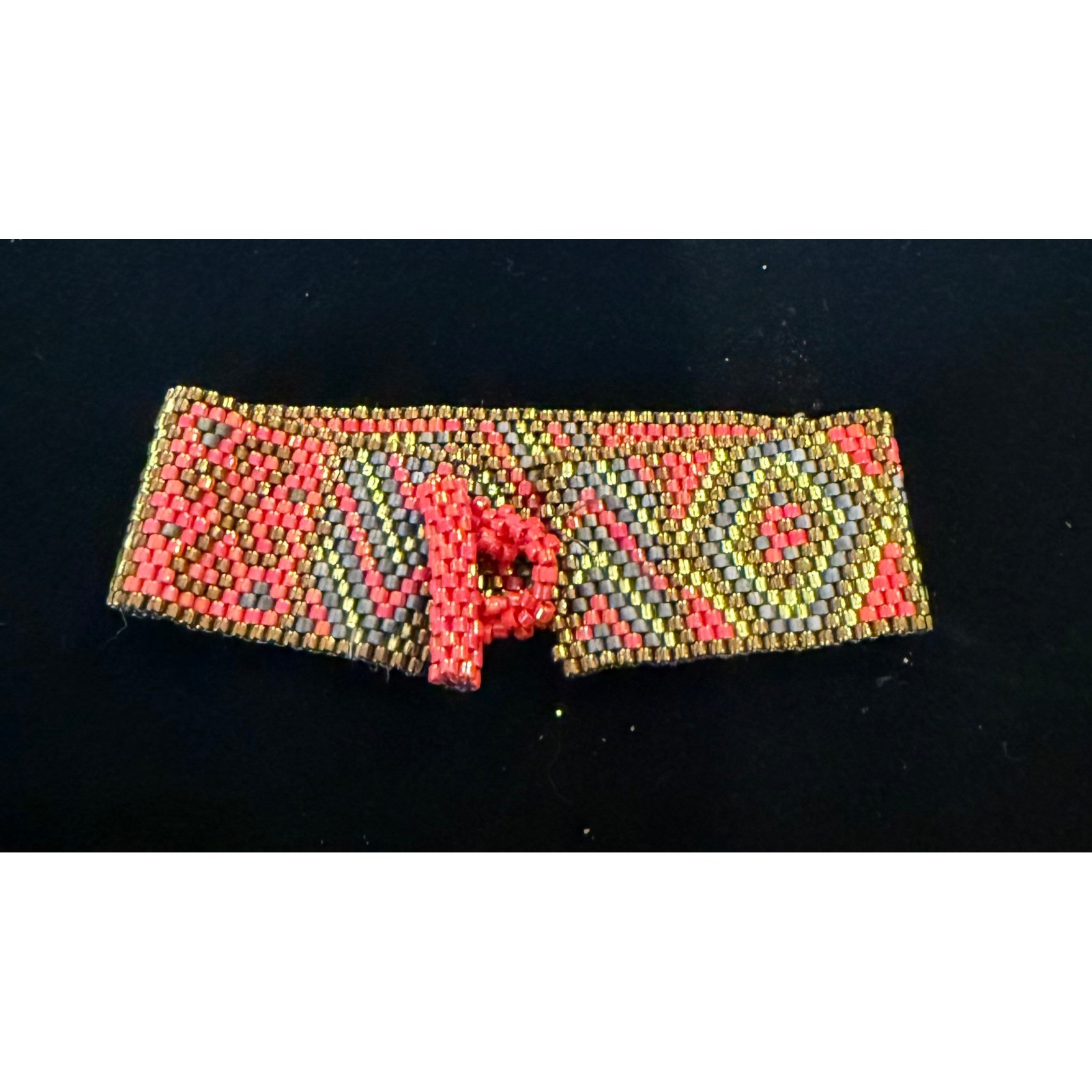 Womens 6.5" Seed Bead Cuff Bracelet Red Gold Geometric Loom Woven Toggle Western