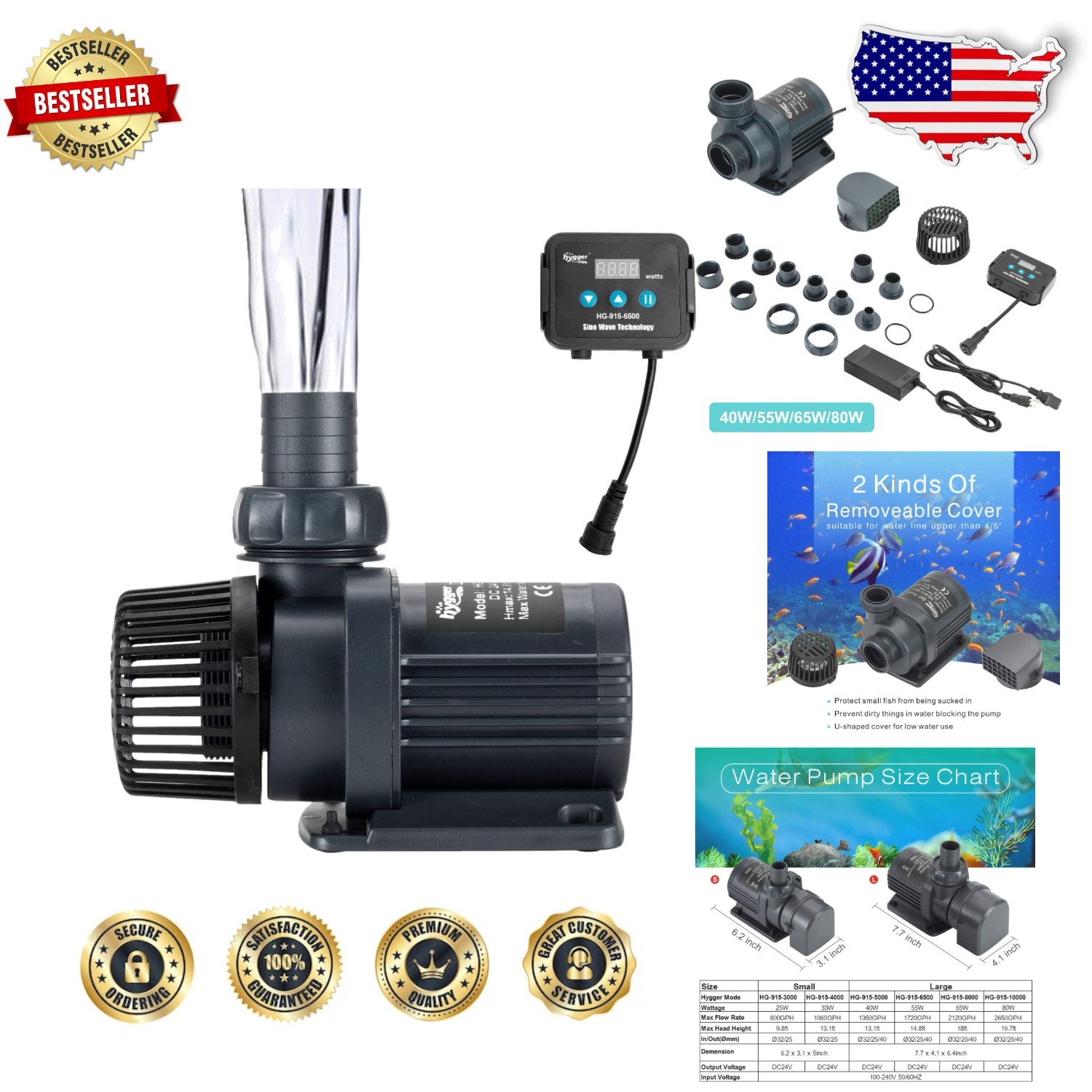 Powerful 55W Aquarium Water Pump, 1720GPH 24V Submersible & External, 14.8ft ...