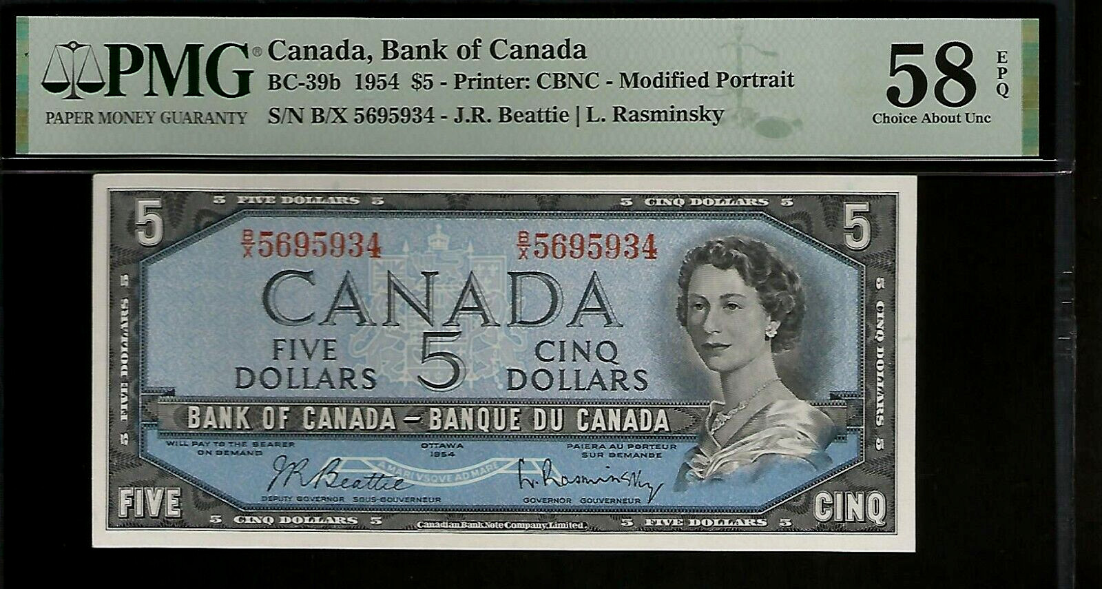 Canada 5 Dollars 1954 PMG 58 EPQ  BC-39b Series B/X