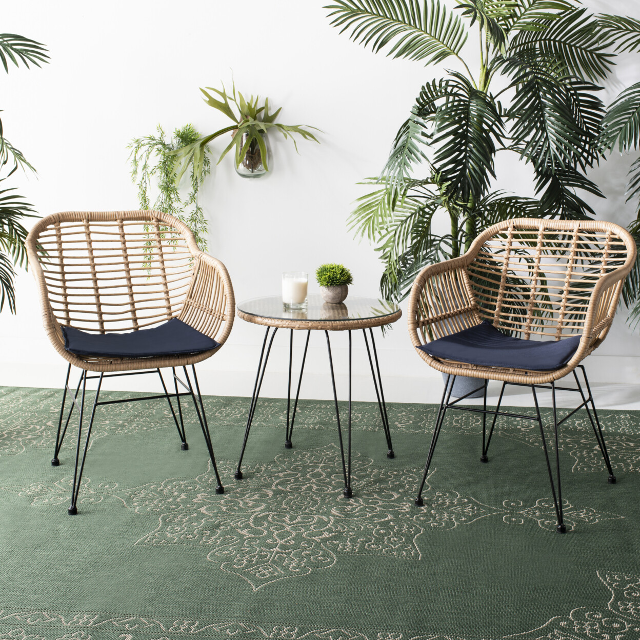 SAFAVIEH Outdoor Collection Alton 3-Piece Lounge Set | Natural/Navy |