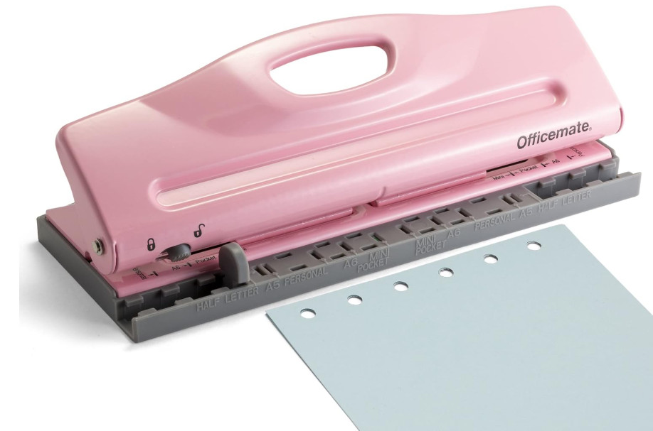 Perforadora 6 agujeros ajustable para planners y binders, 8 hojas rosa