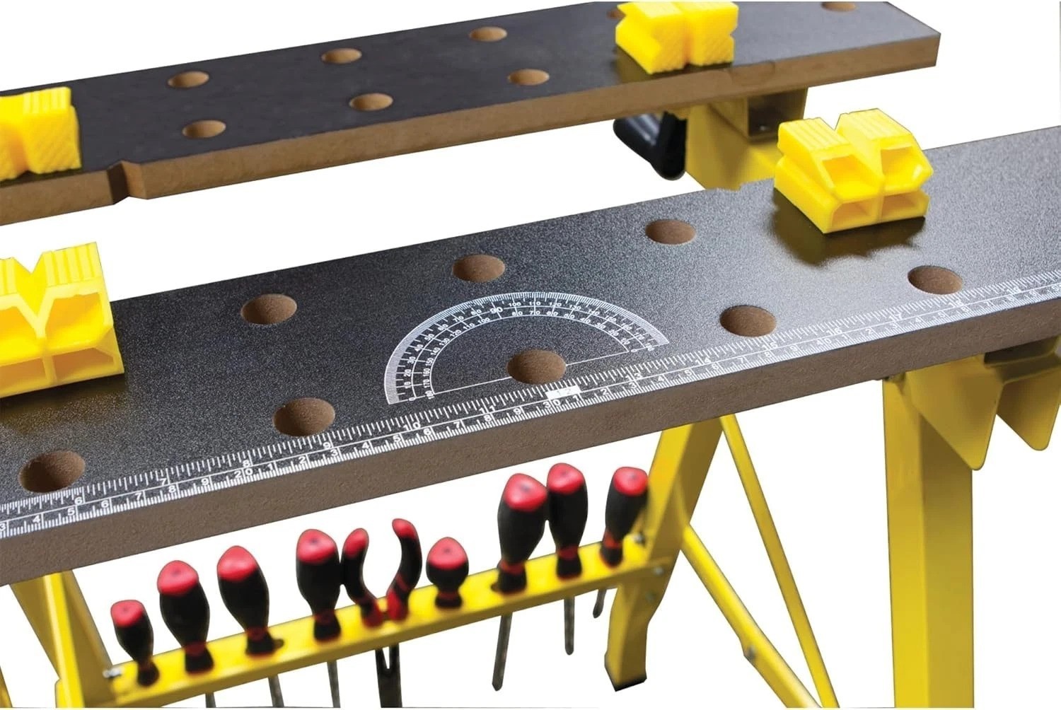 Folding Yellow Workbench with Printed Tabletop & One-Handed Clamp System