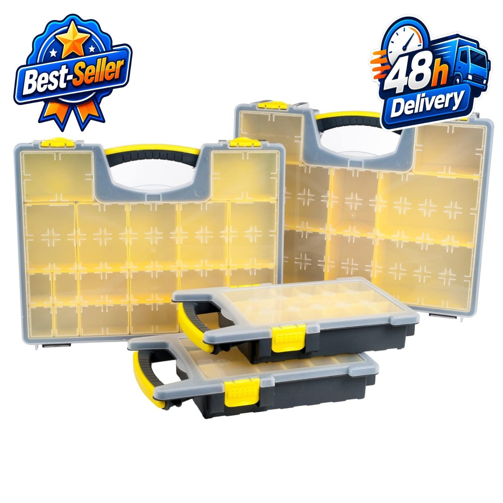 Stalwart Storage Organizer Tool Box Set, Yellow/Black, 4 Bins for Small Parts