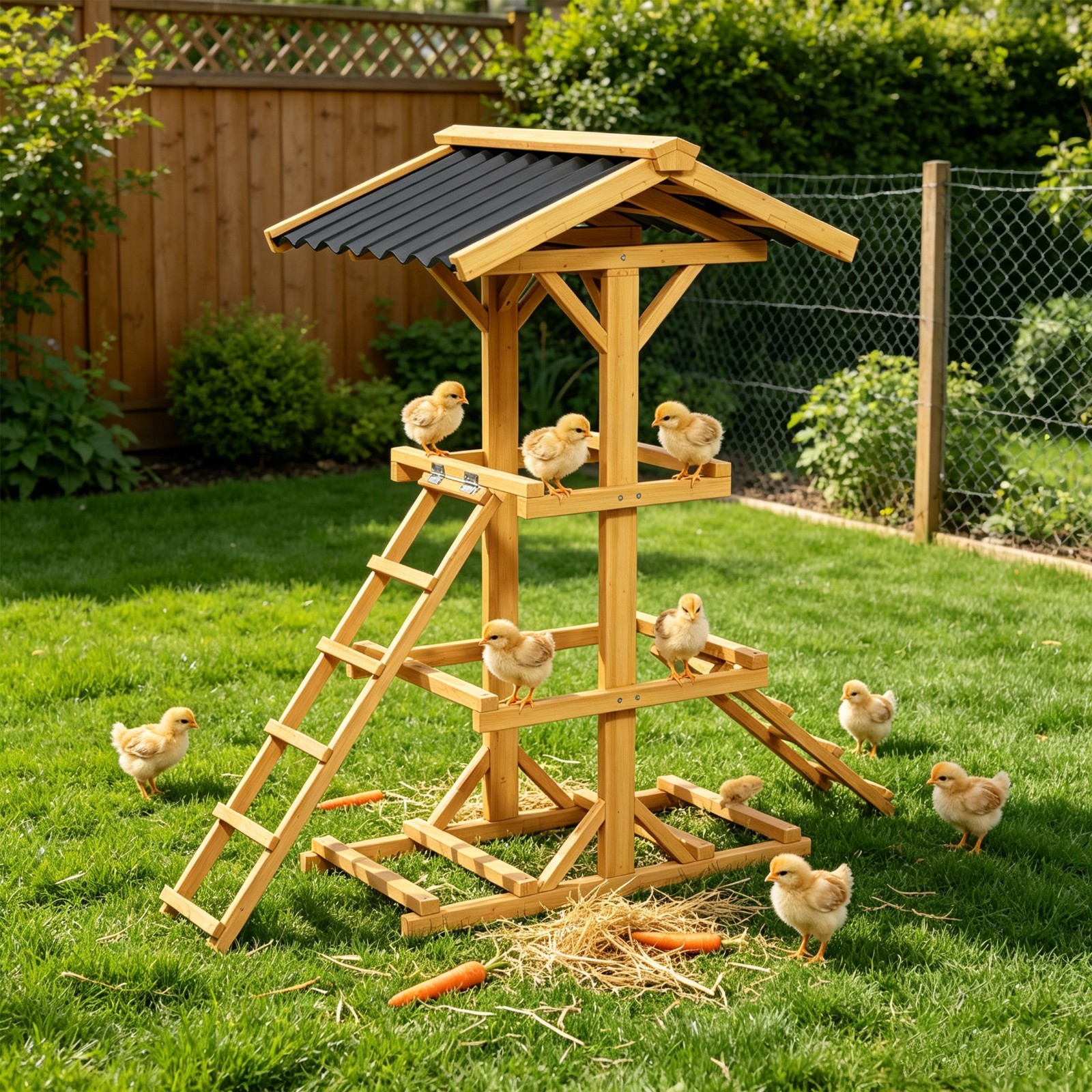 Outdoor Wooden 3-Tier Chicken Perch with Weatherproof Roof and Ladders