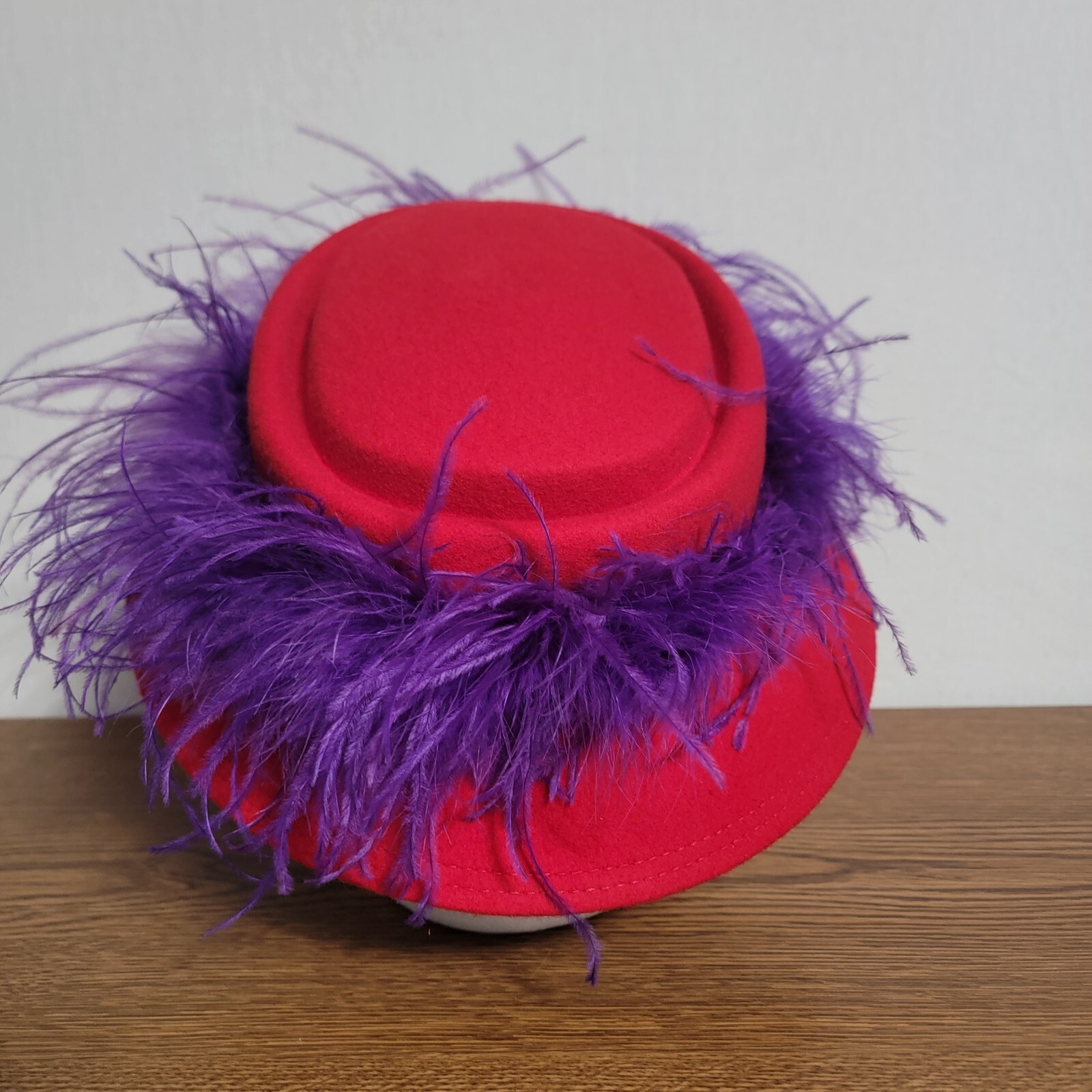 Vintage Ladies Red Hat Society Hat Wool Felt Feathers Red & Purple Beautiful OS