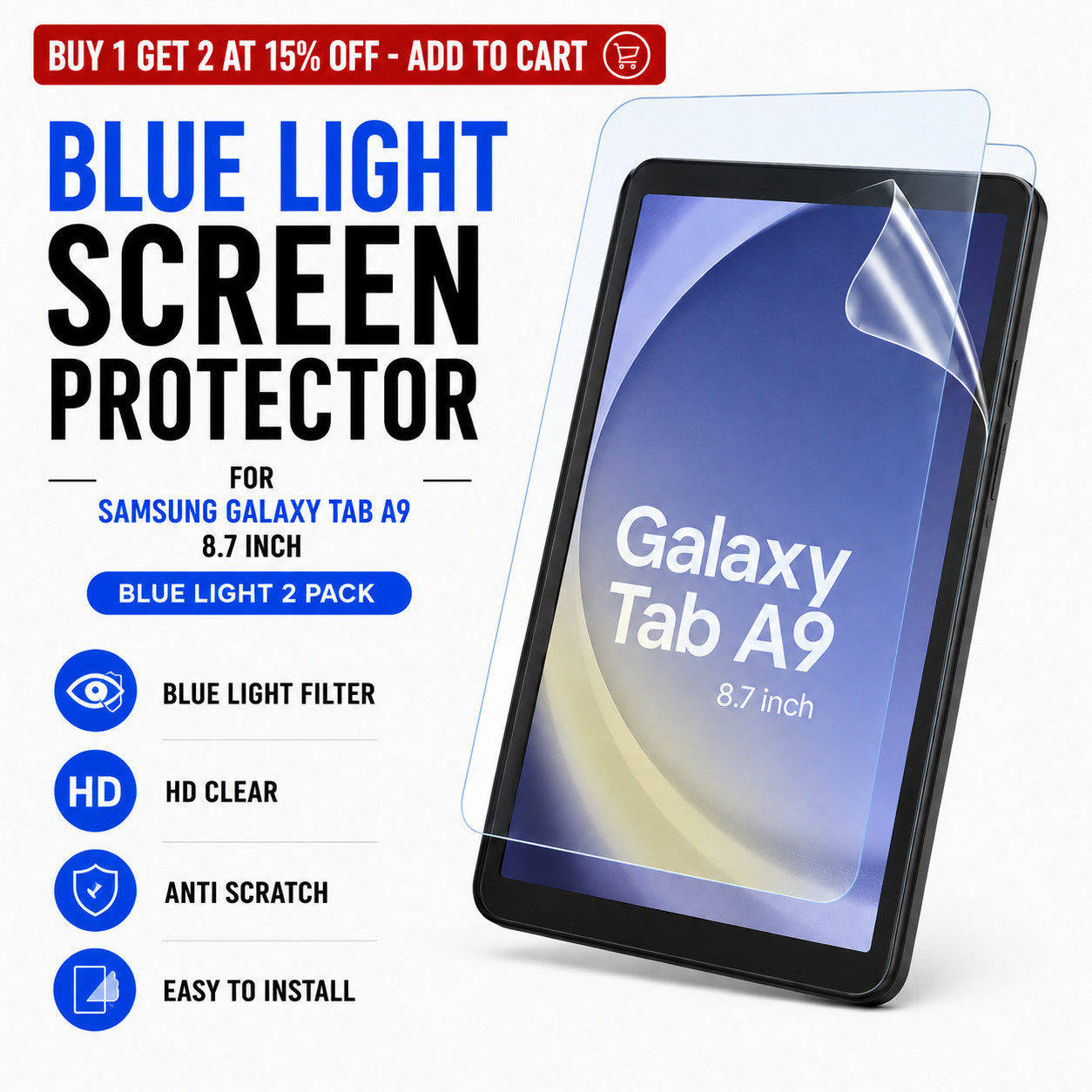 Samsung Galaxy Tab A9 8.7 inch Screen Protector Blue Light Hydrogel HD Clear