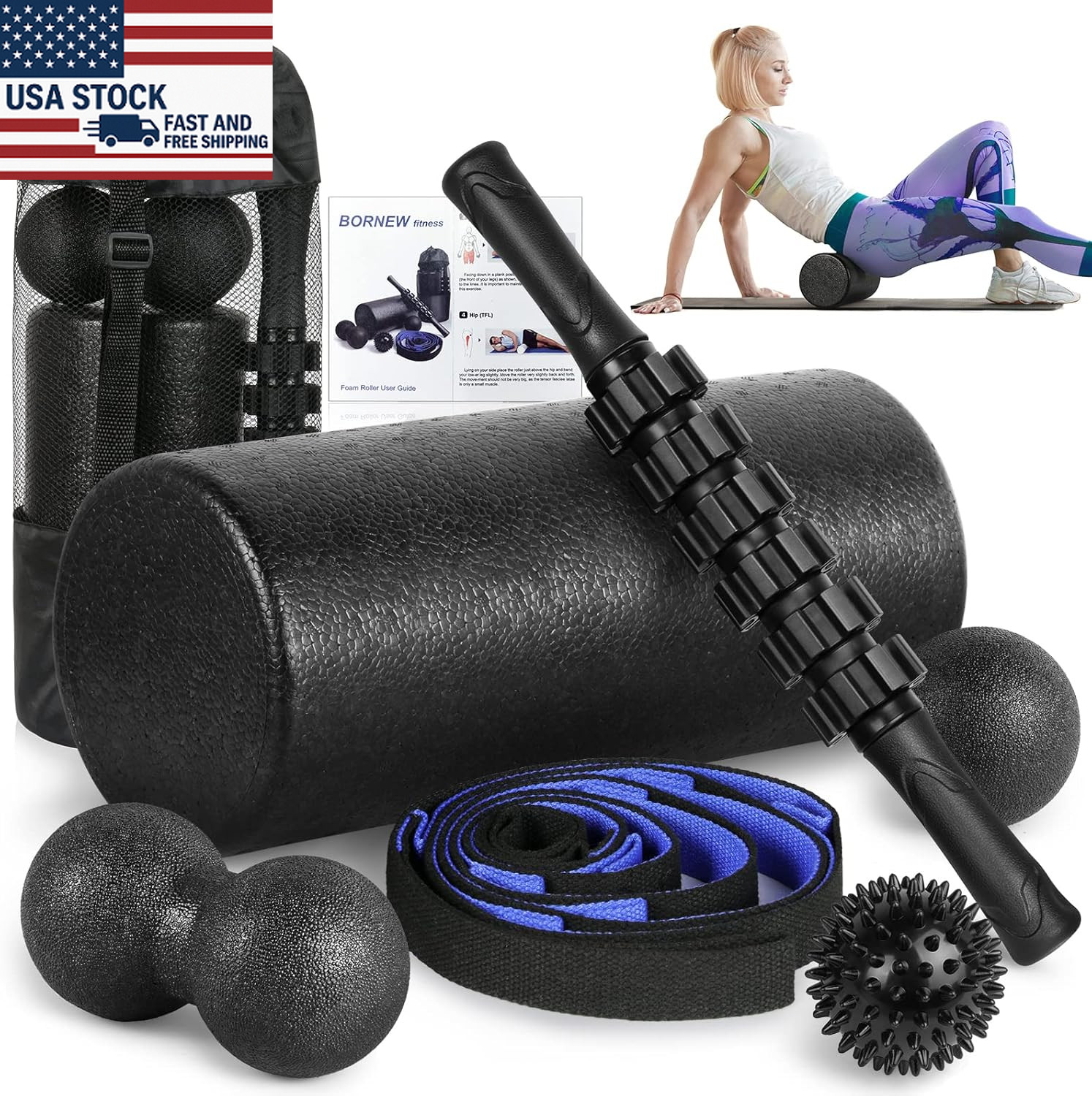 Foam Roller Set Massage Ball Stretch Strap Muscle Recovery Fitness Exercise Kit