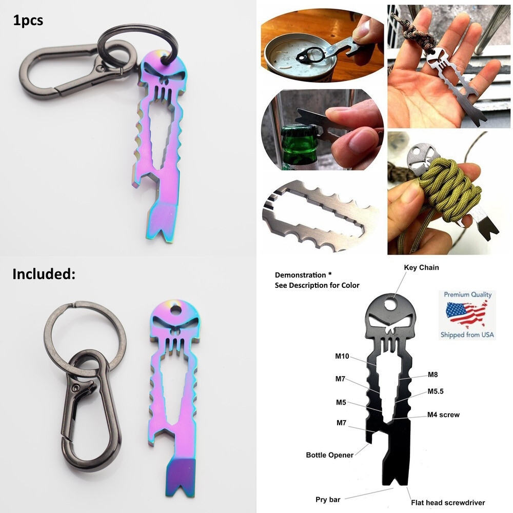 Skull Keychain Crowbar Hex Wrench Carabiner Clip Opener EDC - Neon & Black