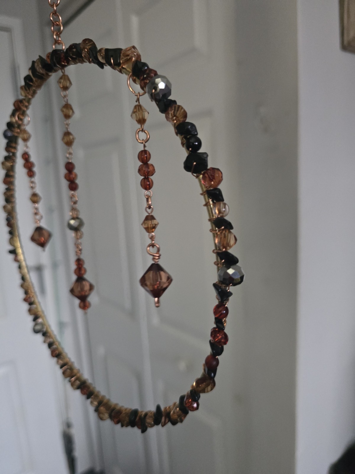 Beaded Glass Hanging Mobile Bohemian Suncatcher Brown Gold Black Circular Design