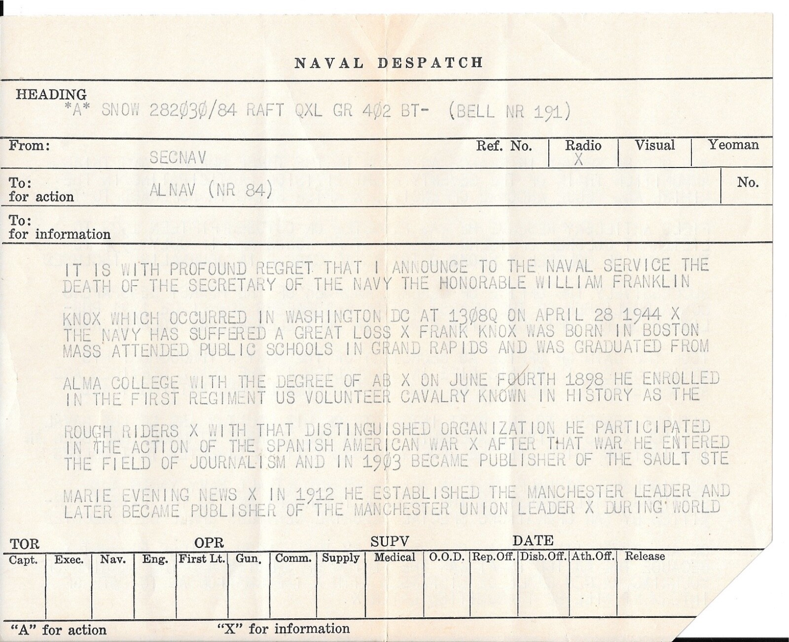 Original WWII Naval Dispatch Announcing death Secretary Navy William Knox 1944