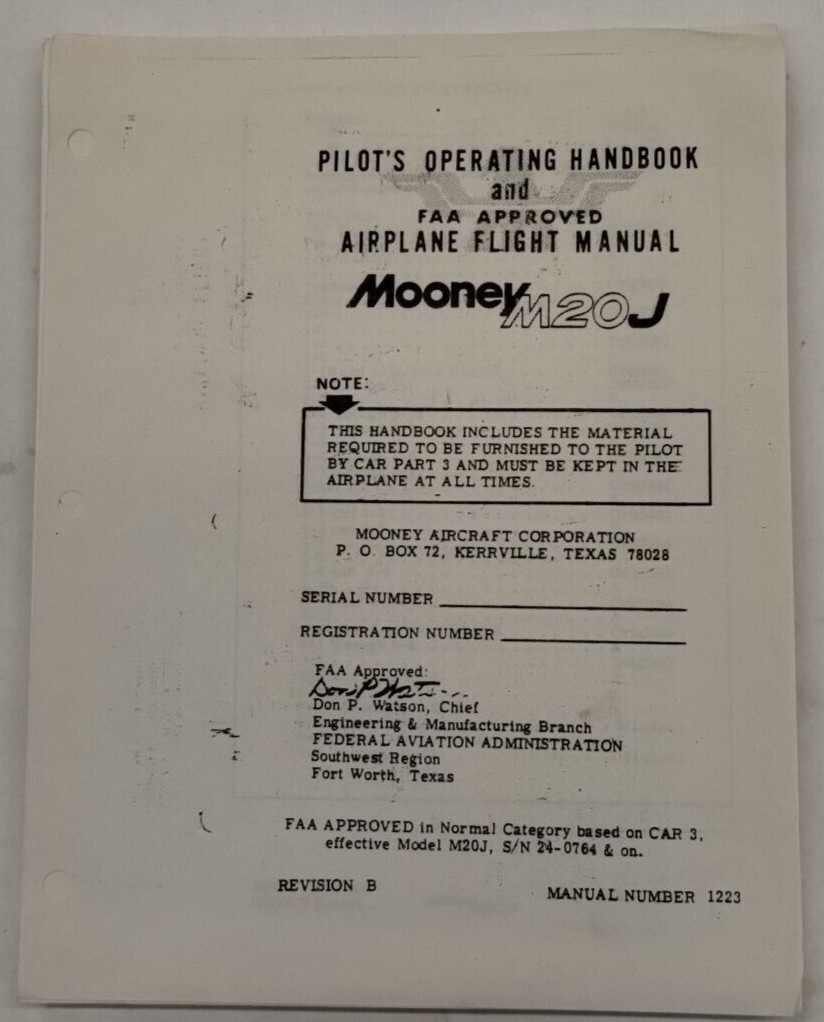 Mooney M20J 1979-1980 Pilots Operating Handbook & Flight Manual #1223