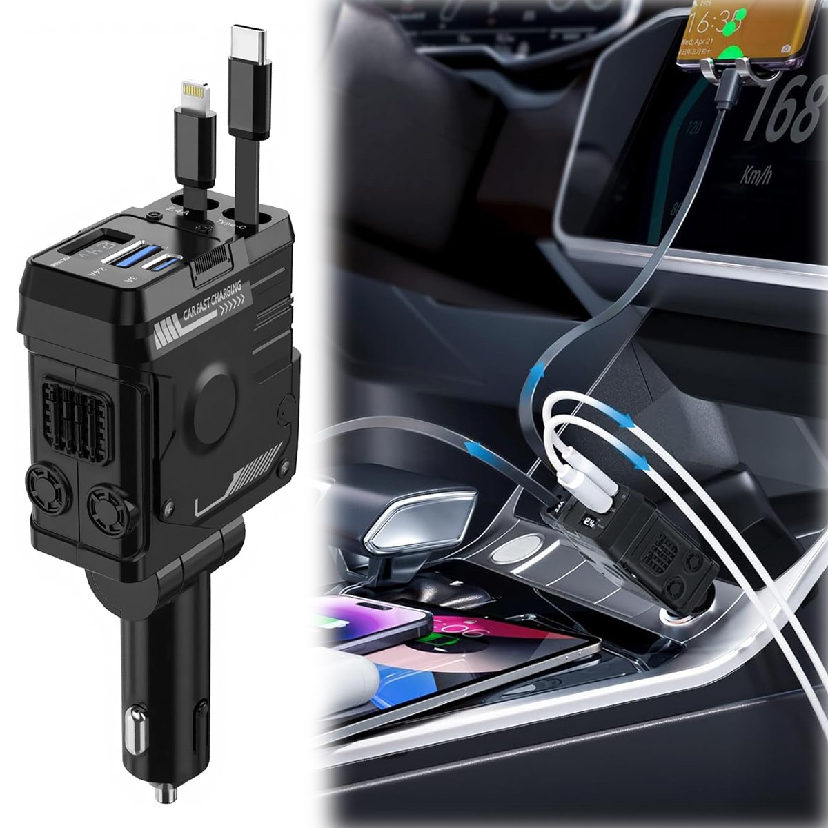 4 in 1 Retractable Car Charger Fast Car Phone Charger 120W With USB Type C Cable
