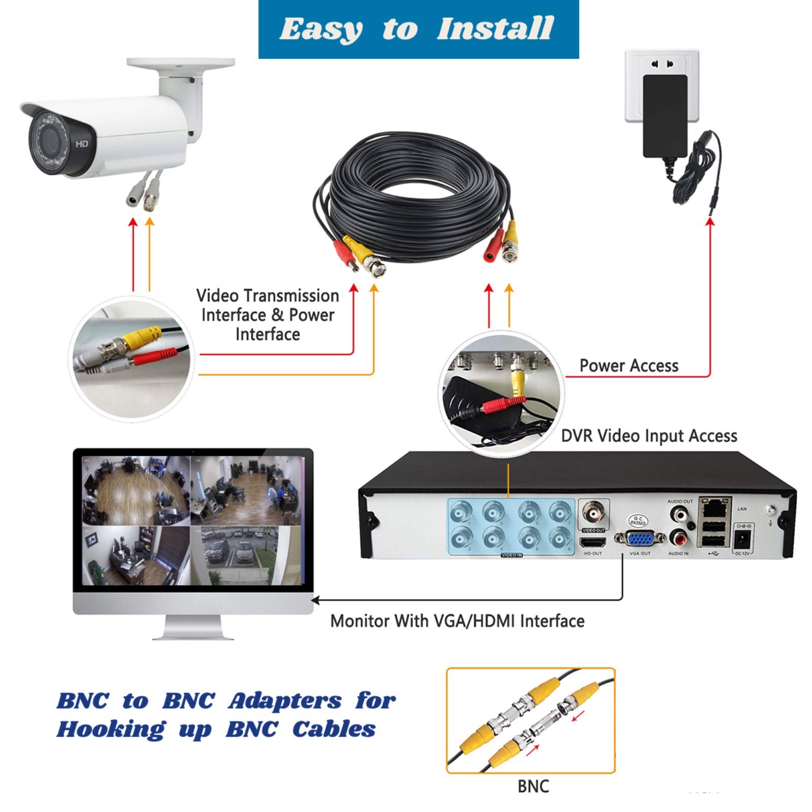 Flashmen 2-Pack 25ft HD Video Power Security Camera Cables 100 feet, Black