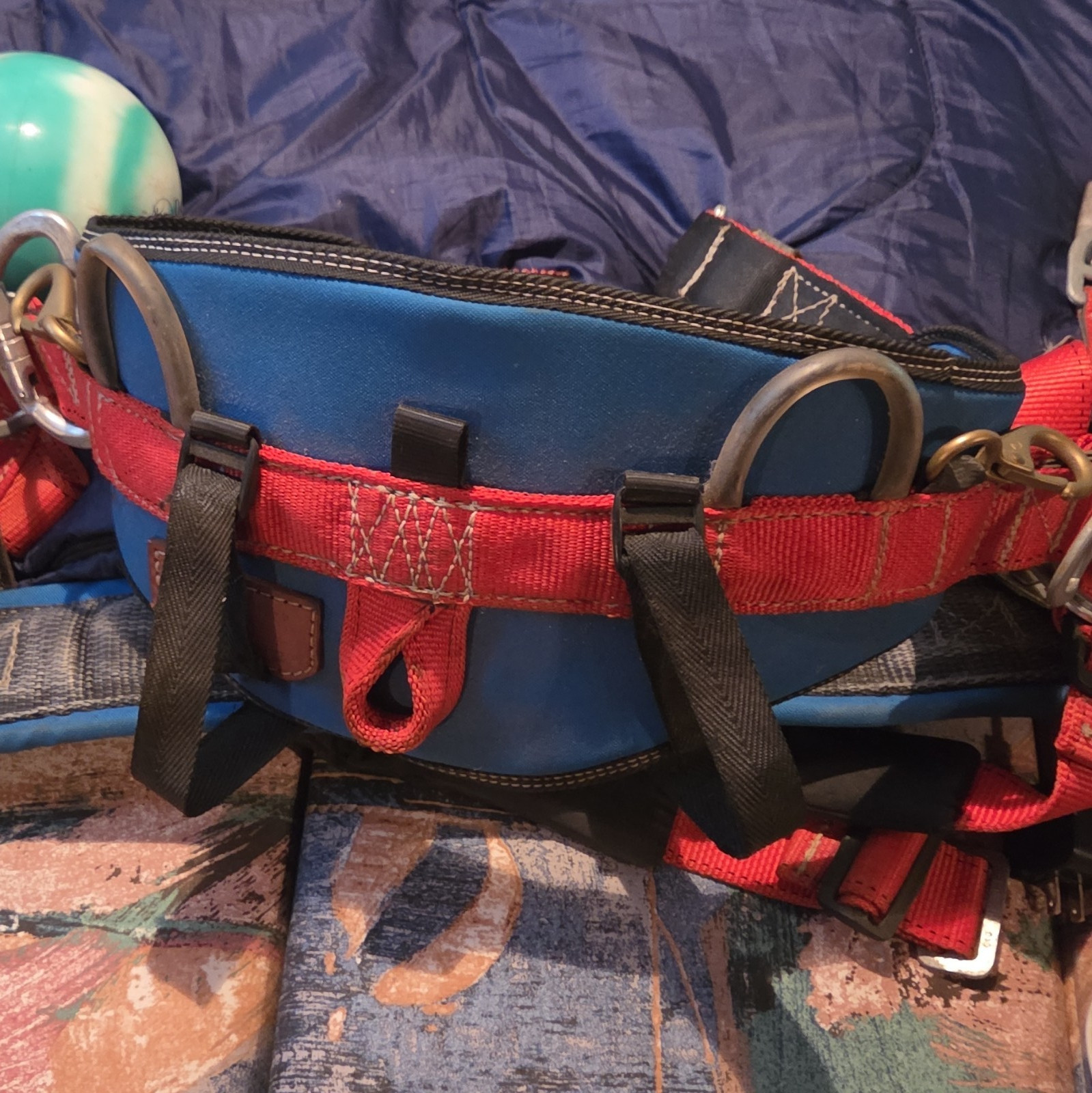 Fall Protection Safety Harness Blue Padded Waist Belt Red Straps D-Rings