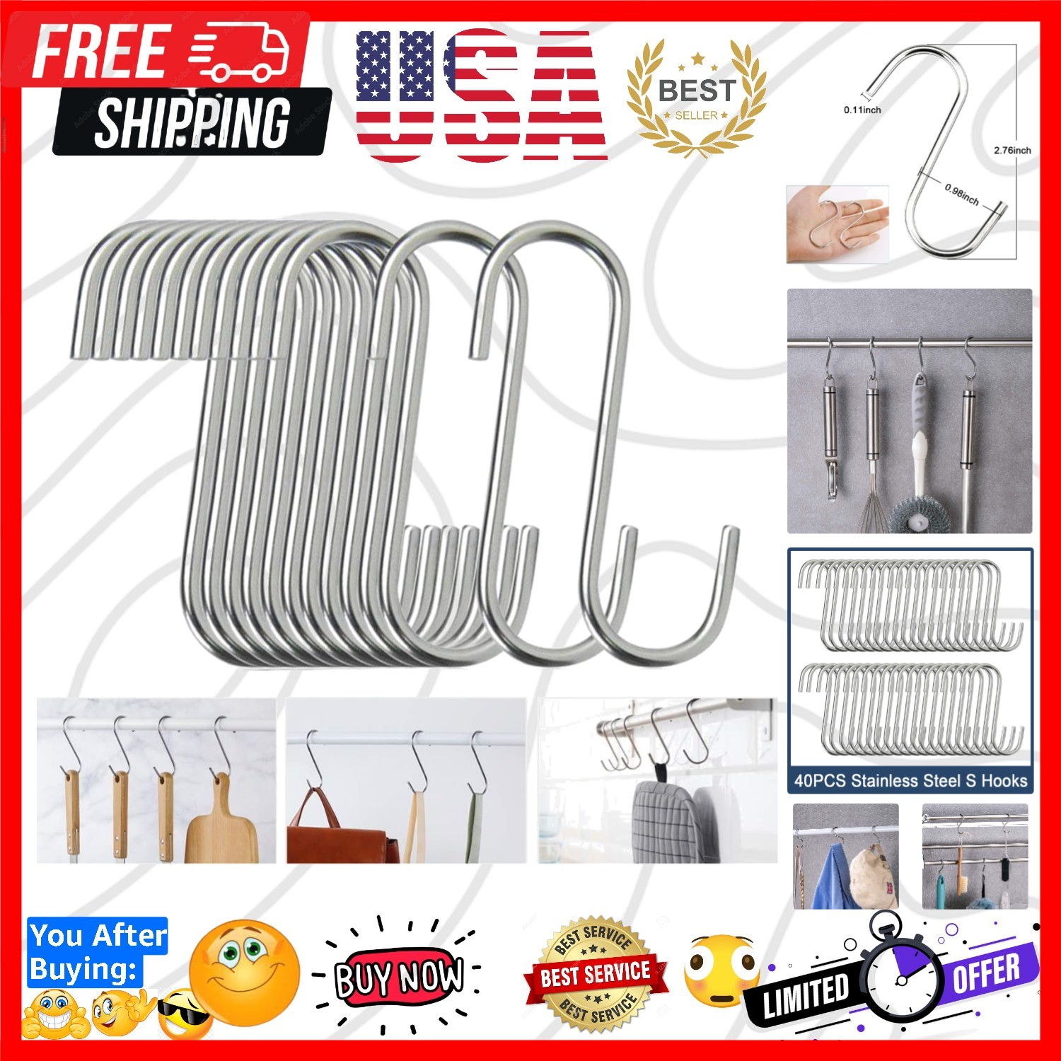 40 Pack S Hooks - Stainless Steel Heavy Duty S Hooks for Hanging Pots, Pans, Pla
