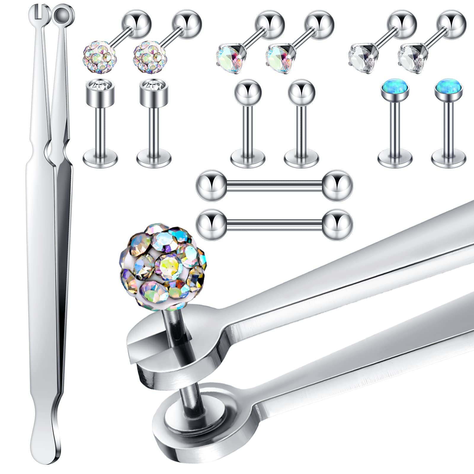 15 Pcs Piercing Grabber Tool Piercing Barbell Clamps Forceps Stainless Steel ...