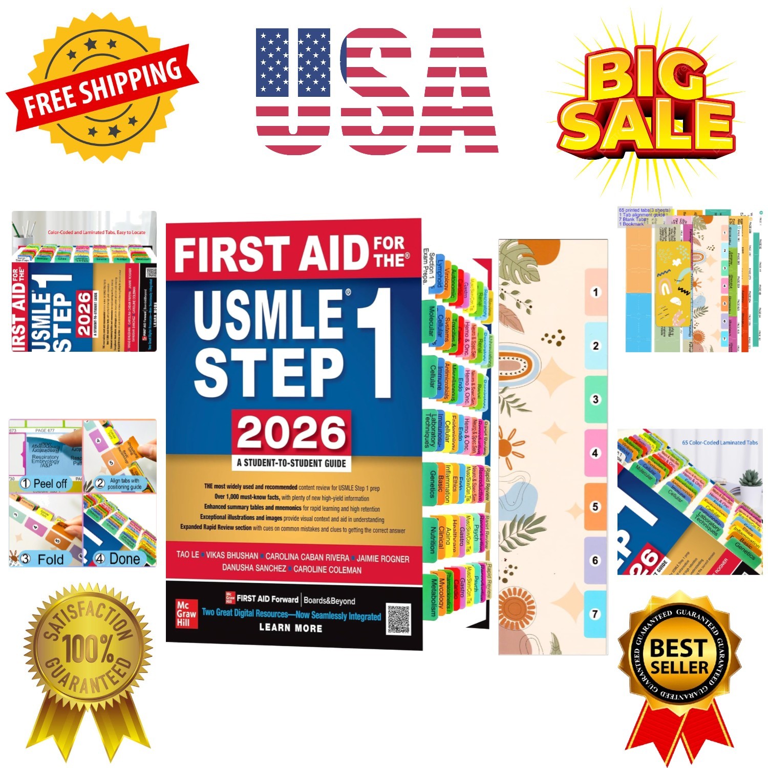Index Tabs for First Aid for The USMLE Step 1 2026, 72 Color-Coded Laminated ...