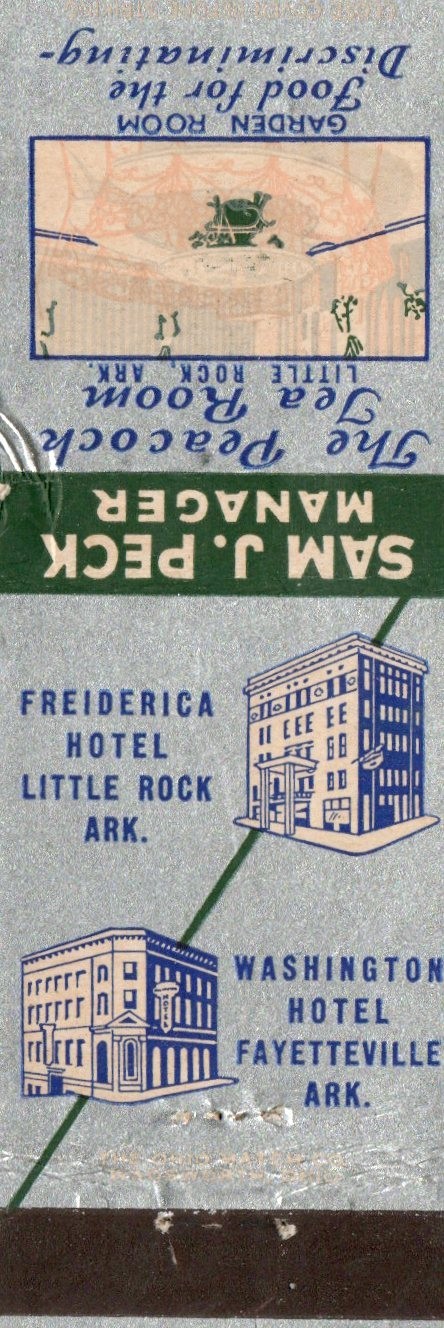 Vintage Matchcover  Freiderica Hotel Little Rock ARK