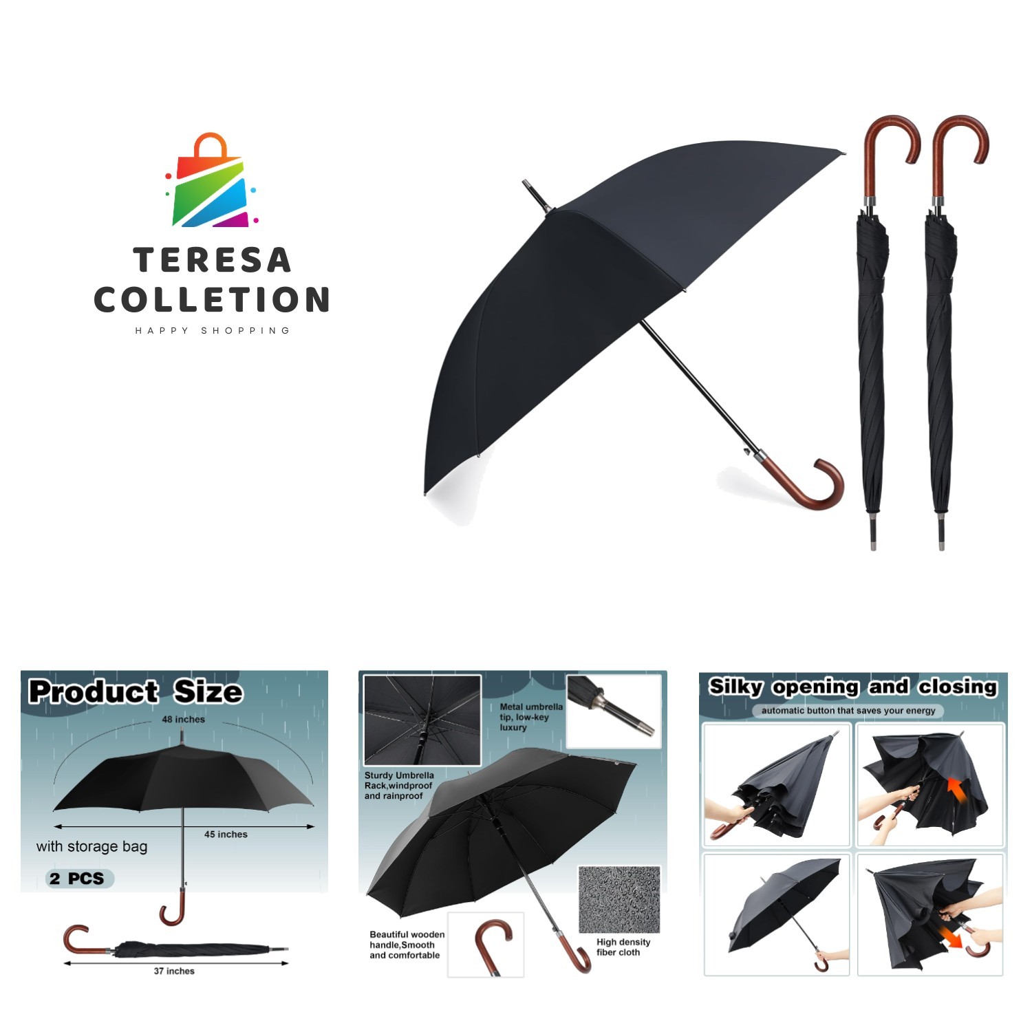 2 Pcs 48 Inch Auto Open Umbrella Wooden J Stick Handle Windproof Unbreakable ...