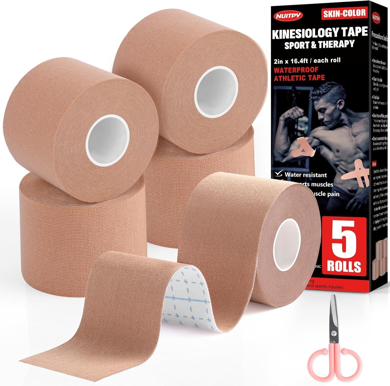 5 Rolls Kinesiology Tape 2 inch x 16.4 Feet Waterproof Athletic Tape Uncut