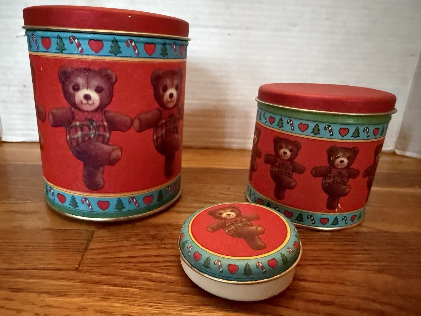 Christmas Teddy Bear Musical Tin Bristol Ware 1985 - Set Of 3 Vintage