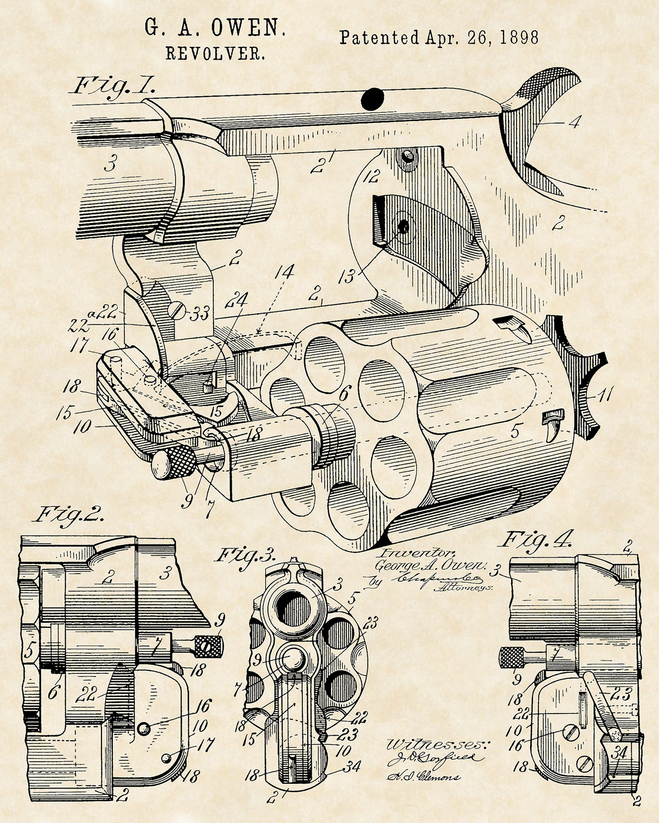 1898 G. A. Owen Revolver Patent Firearm Art 20x16 Vintage Gun Print on Parchment
