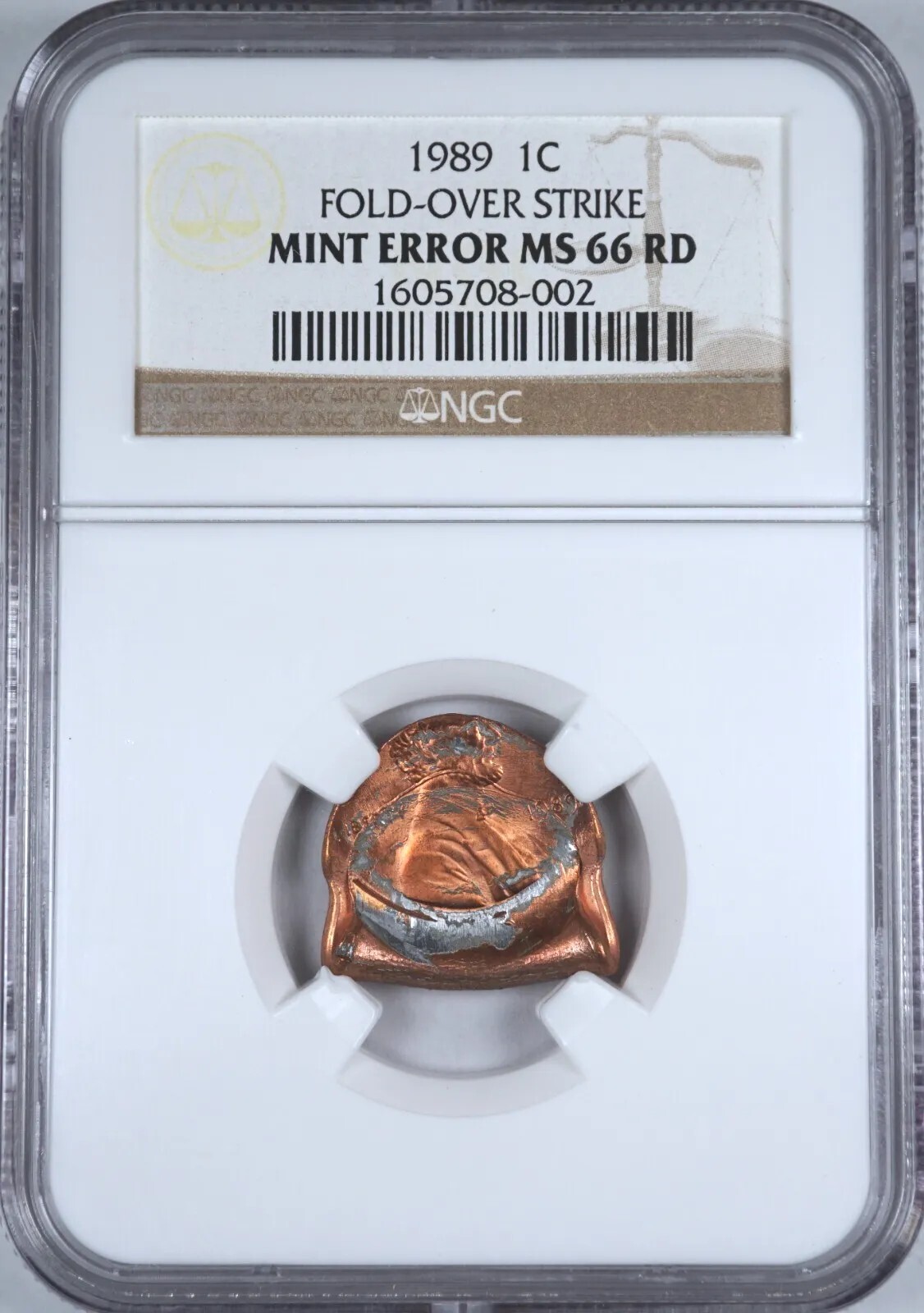1989 1c Fold Over Strike Extremely Rare Mint Error Coin NGC MS66RD