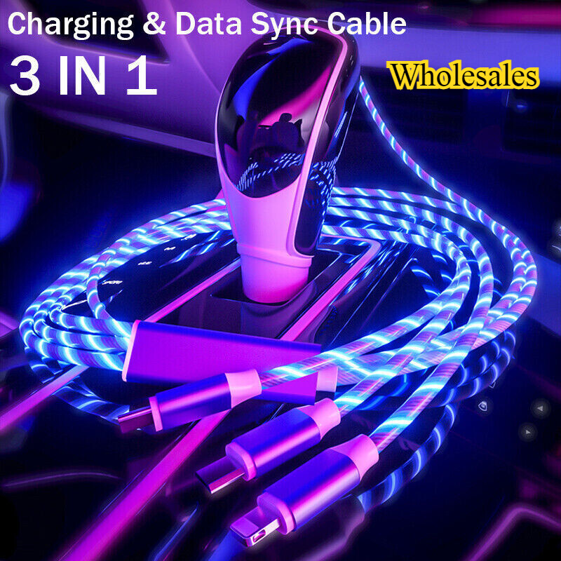 Wholesale Lot 3 in 1 LED Light Charging Flowing Charger Cable For iPhone Type C