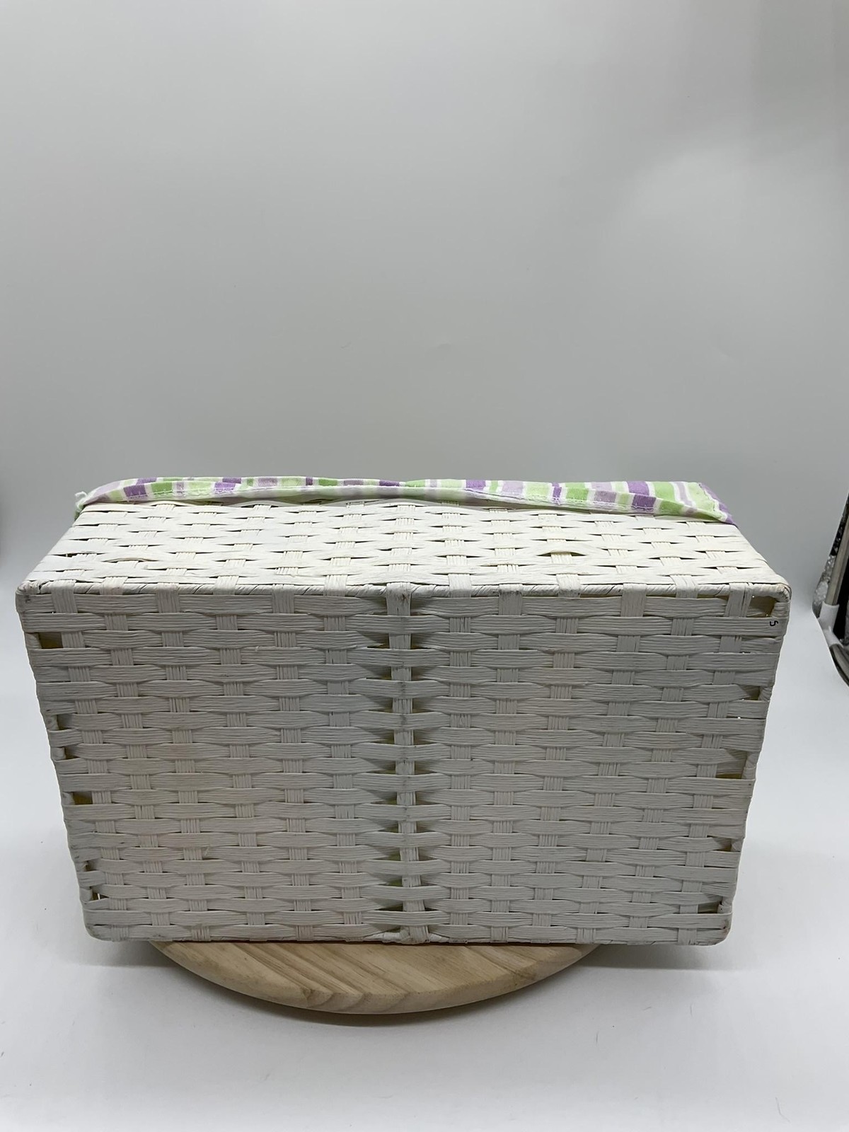 White Wicker Rectangular Basket Handle Lined Striped Fabric Insert Storage Tray