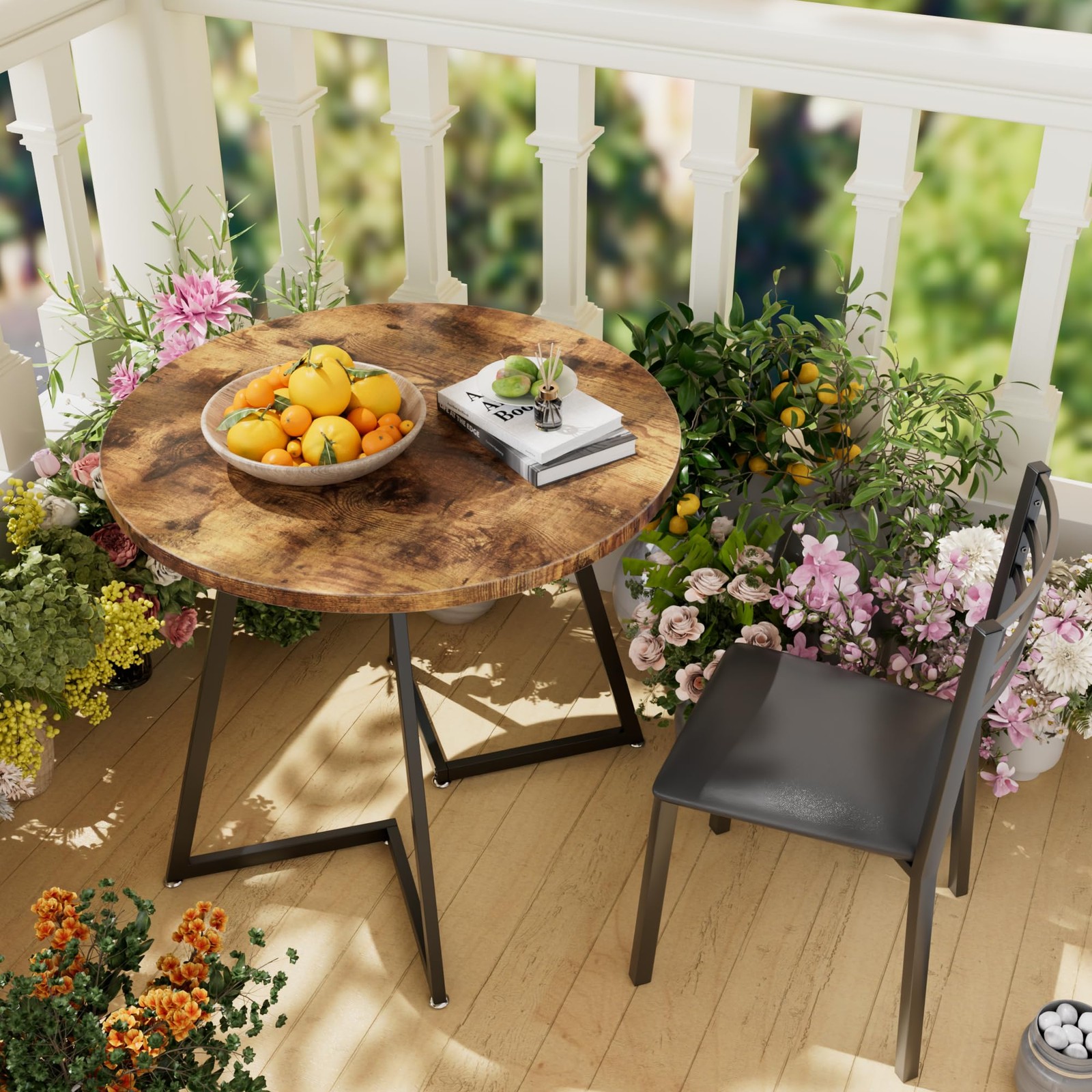 VECELO Round Dining Table with Wood Grain Tabletop and Steel Frame, for Kitchen,