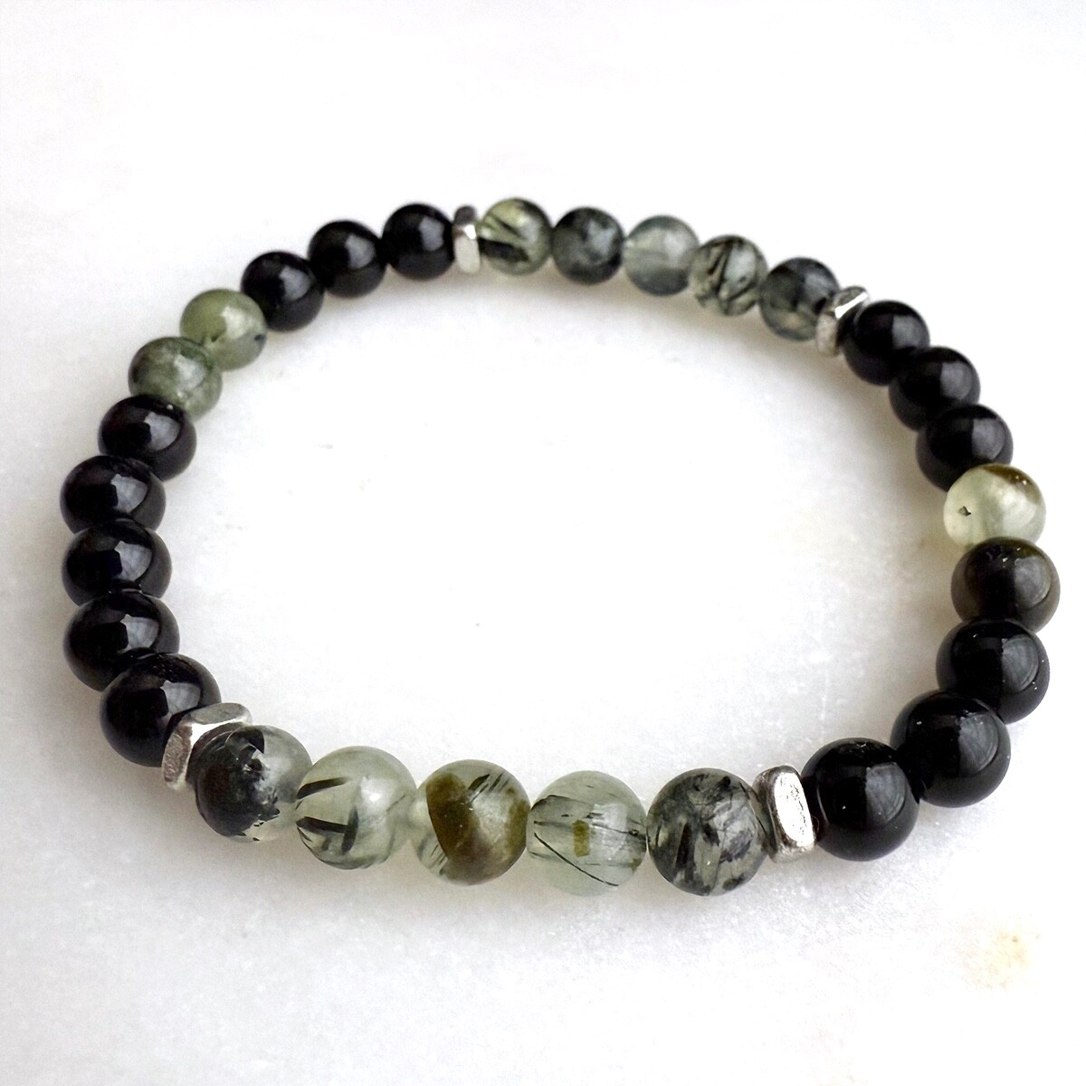 Prehnite & Black Onyx Stretch Bracelet - Genuine Gemstones Handmade Jewelry