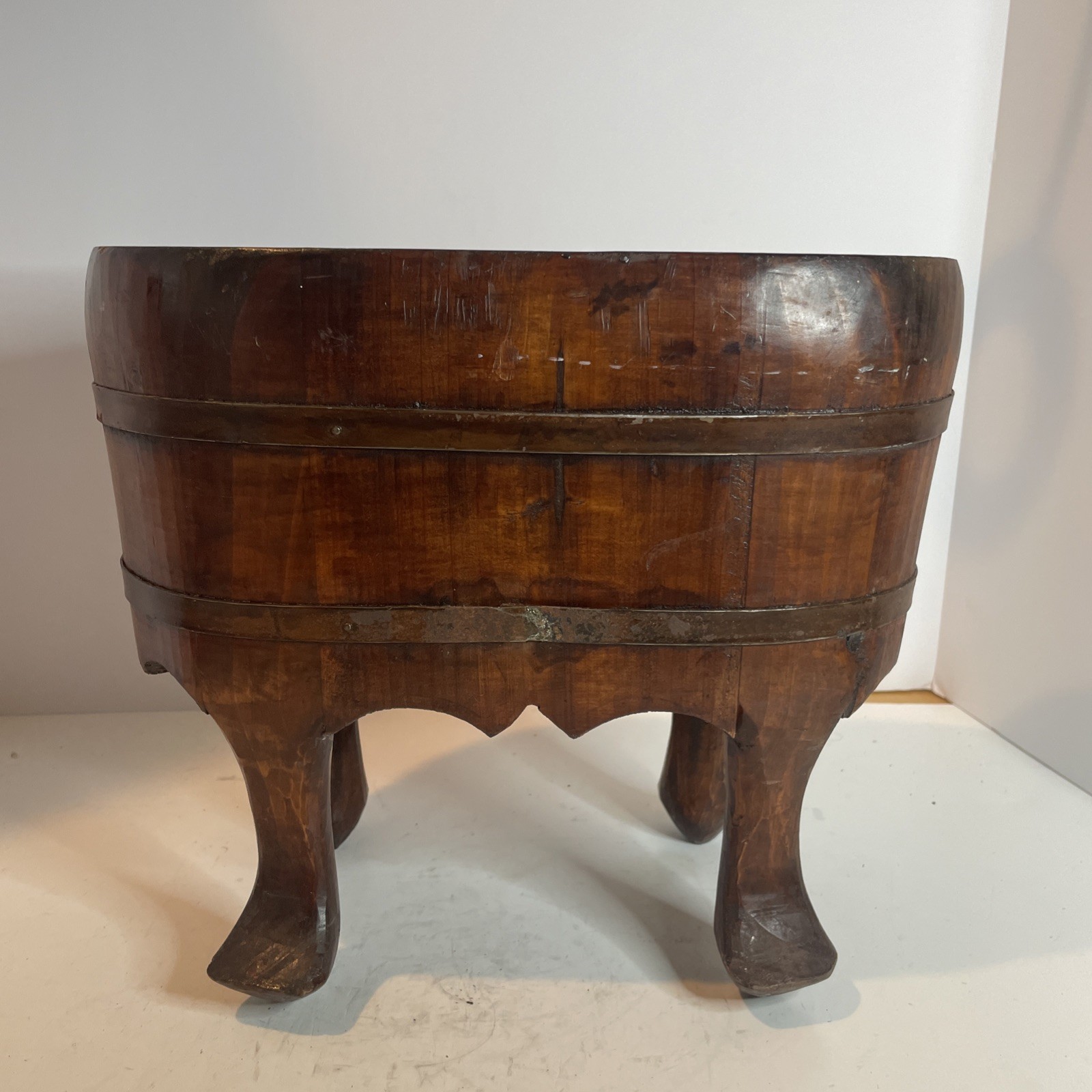 Carved & Iron Banded Footed Basket 12” hole 11” tall 7” wide