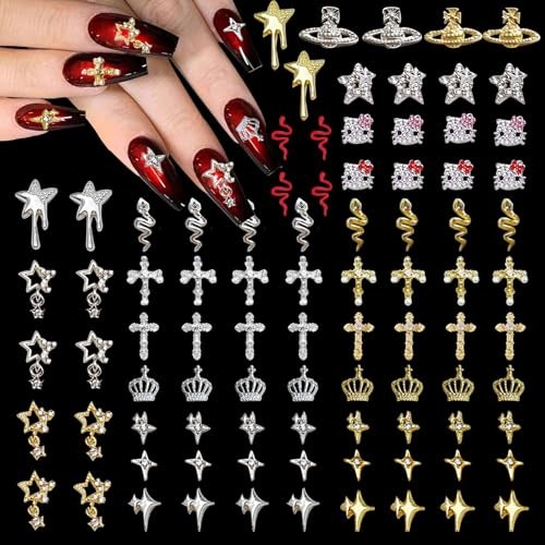 88 Pcs Gold and Silver Nail Charms, 3D Zircon Multi color :silver gold red pink