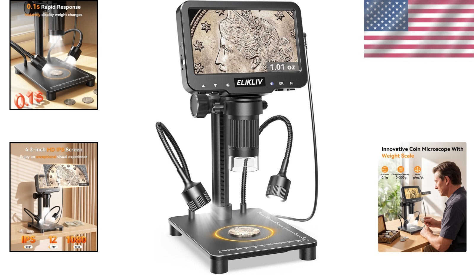 Coin Microscope 0.1g Scale 1000X Magnification 4.3" IPS Screen