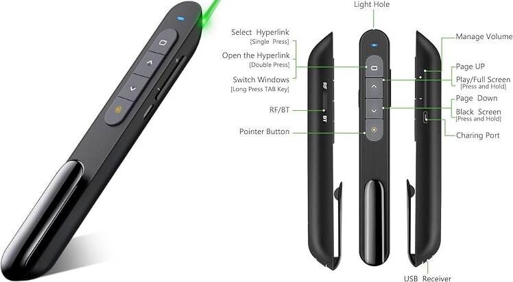 Bluetooth Luz verde USB Recargable Presentación Control remoto Powerpint Clicker