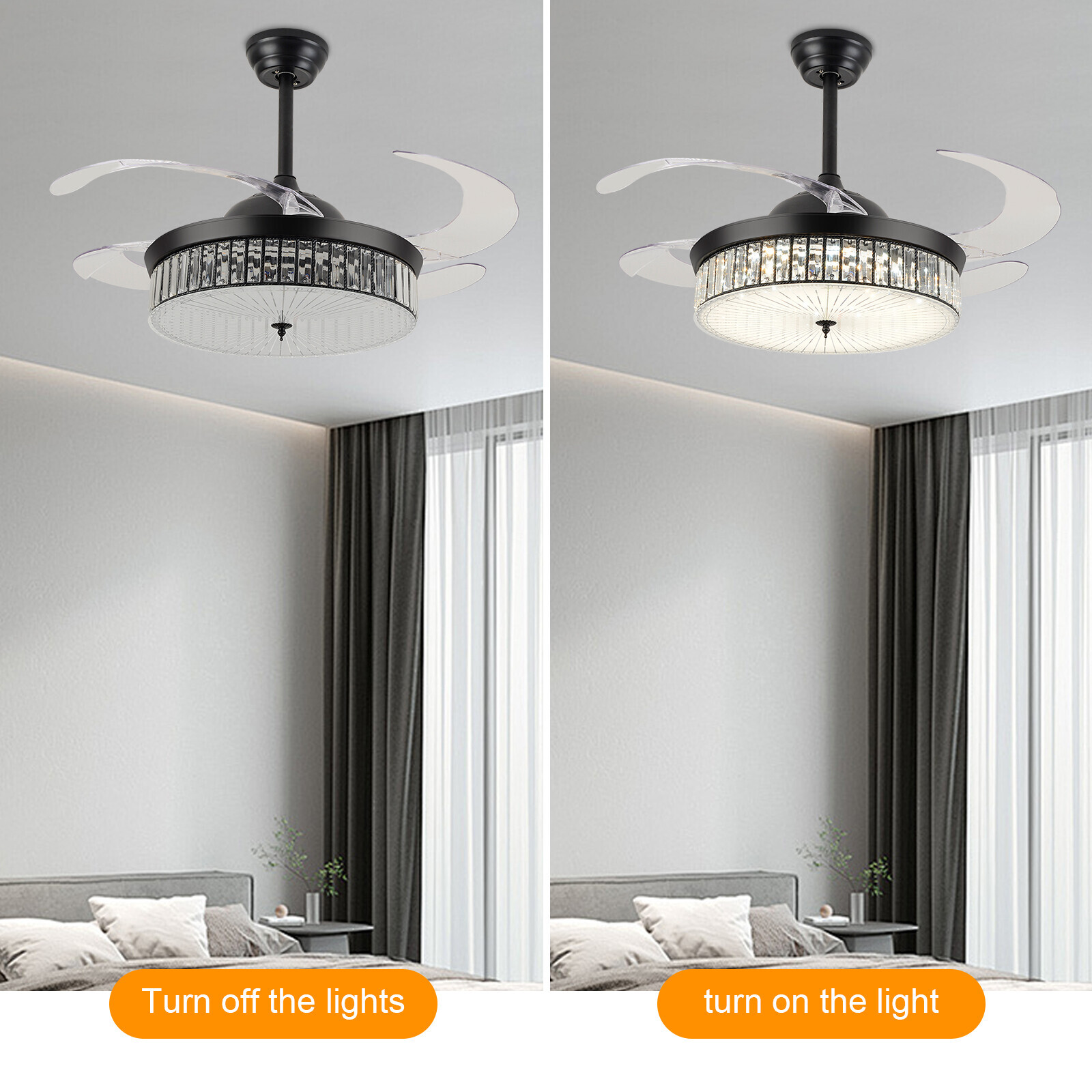 42 Inch Retractable LED Ceiling Fan Light with Remote Control and Timer