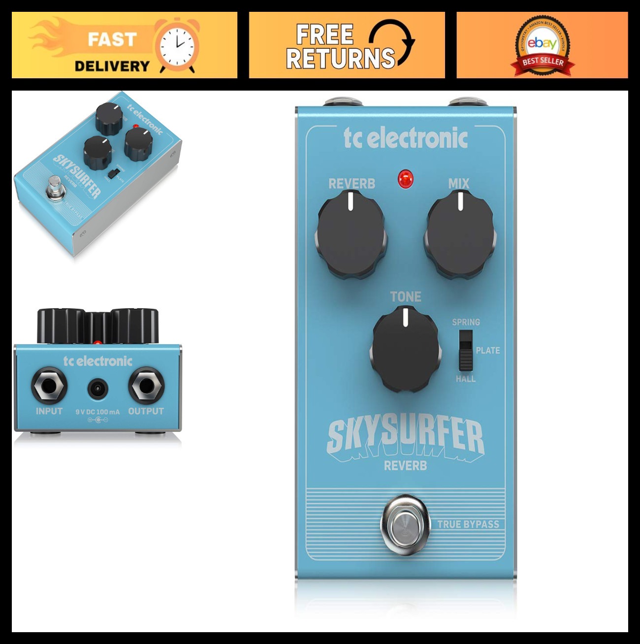 Studio Quality Reverb Pedal - Spring, Plate & Hall Effects, True Bypass, Metal C