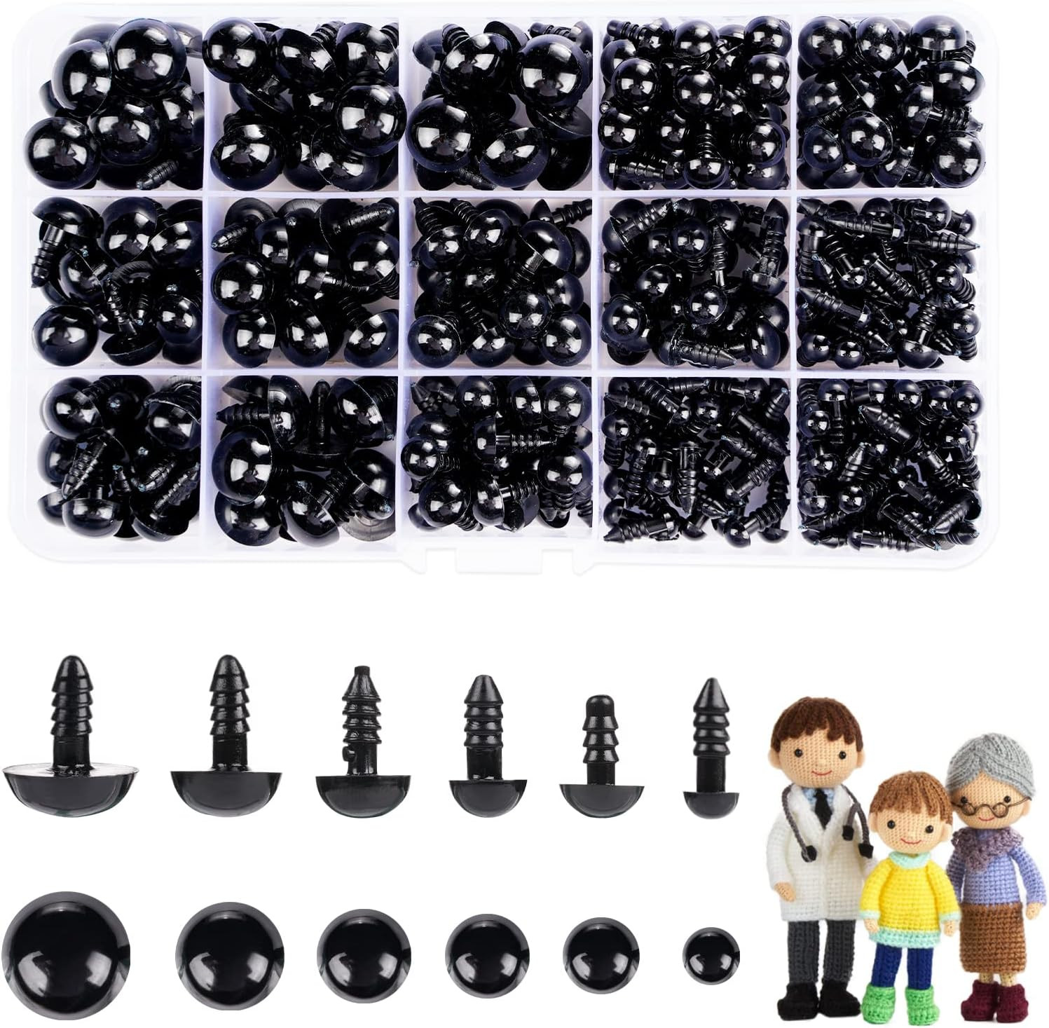350 Pcs 6-14Mm Safety Eyes for Crocheting with Washers and Size Tools Black Plas