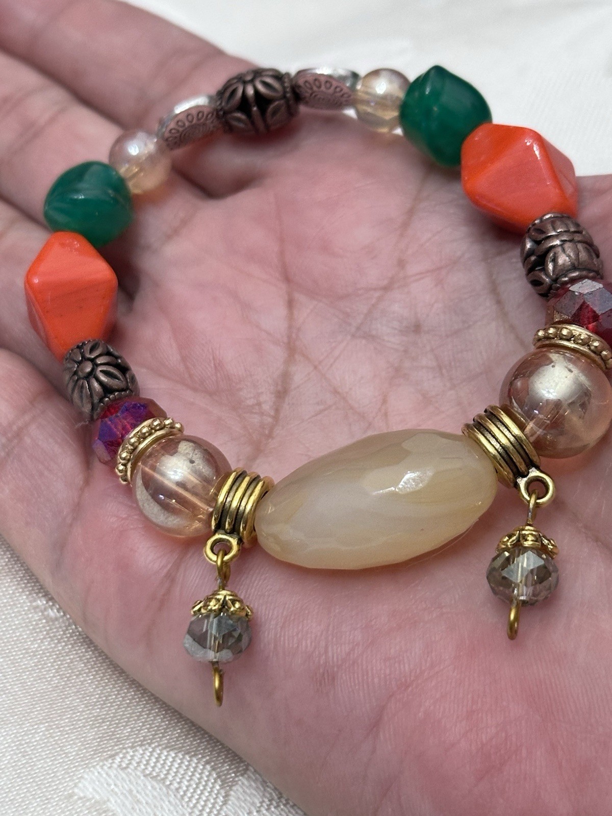 Handmade Beaded Bracelet Natural Agate Crystal And Metal Stretch Artisan 7