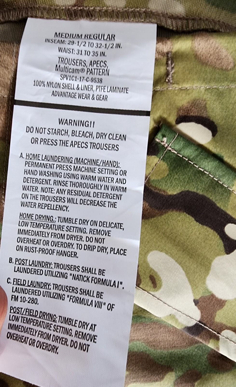 TROUSERS APECS MULTICAM PATTERN PANTS SIZE MEDIUM REGULAR MADE IN USA 100% NYLON
