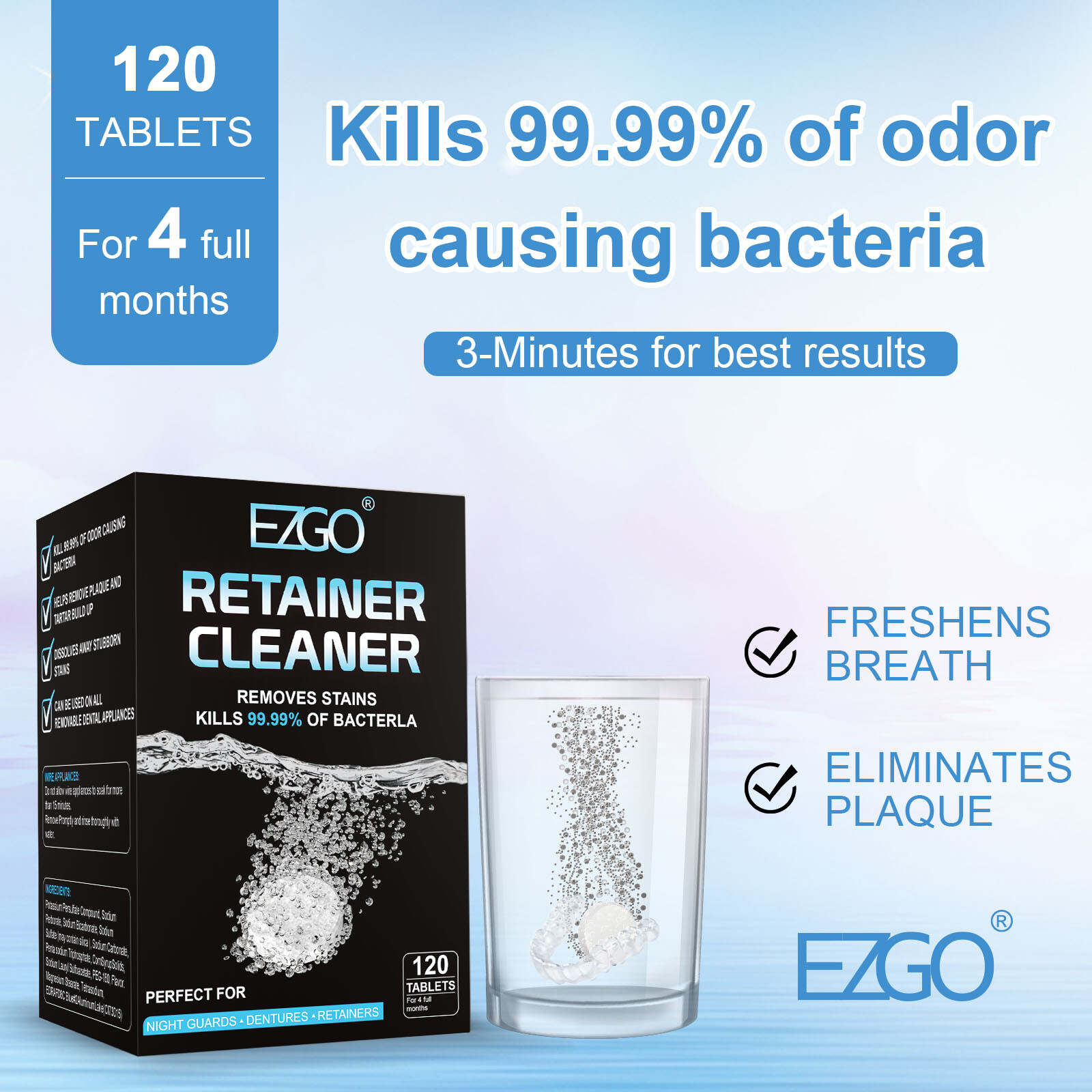 EZGO Denture & Retainer Cleaner Tablets Minty Plaque Remover Tablets 120 Count