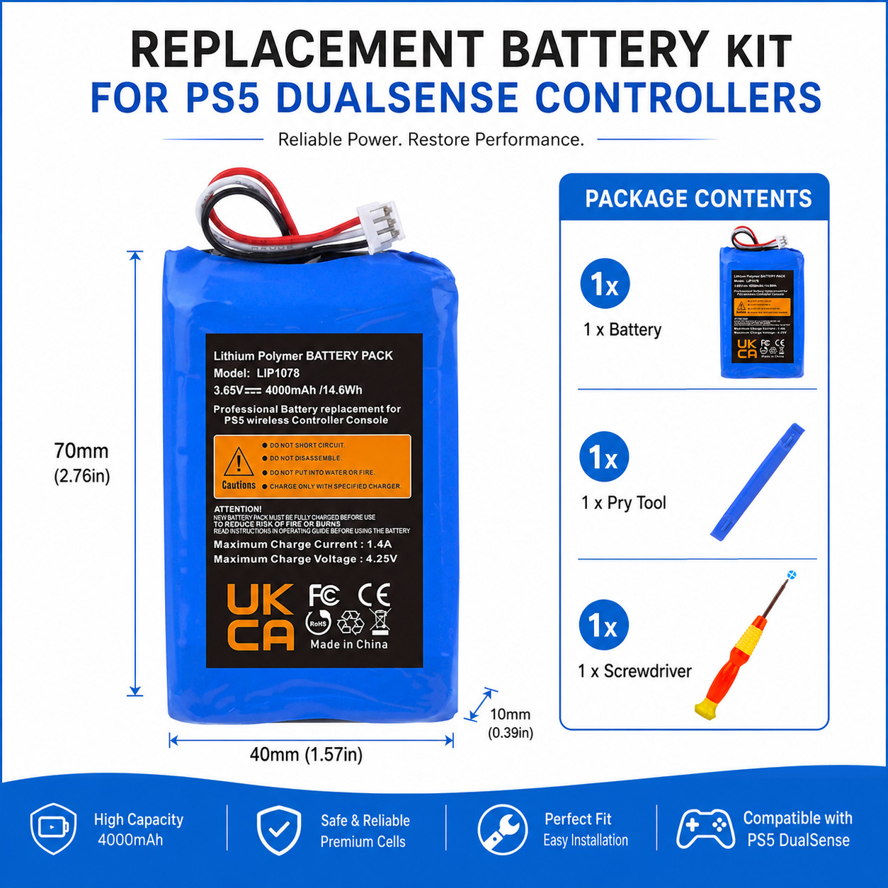 4000mAh Battery Replacement for Sony Playstation 5 Dualsense Controller w/ Tools