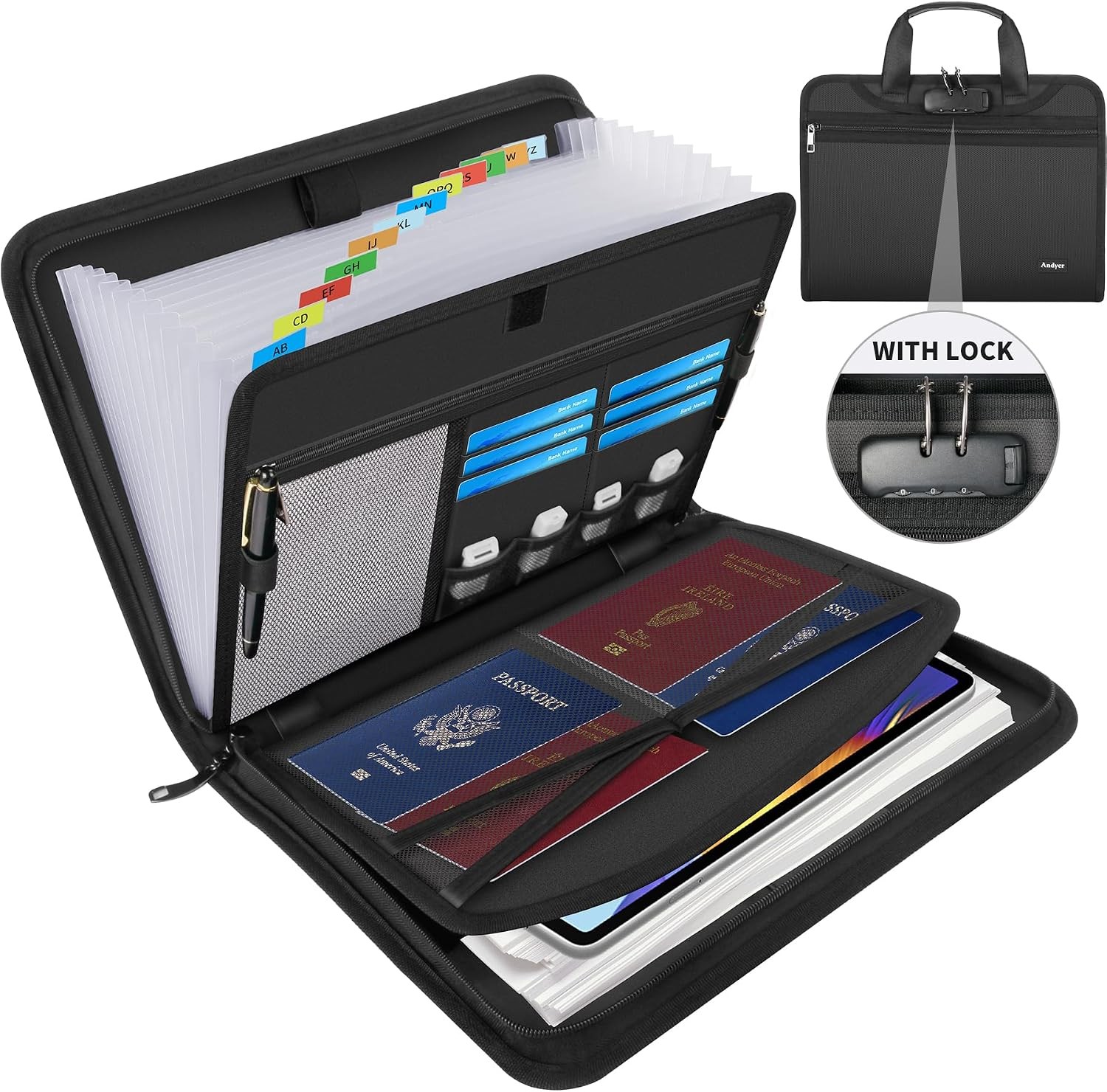 Fireproof Accordion File Organizer with Lock, Important Document Organizer