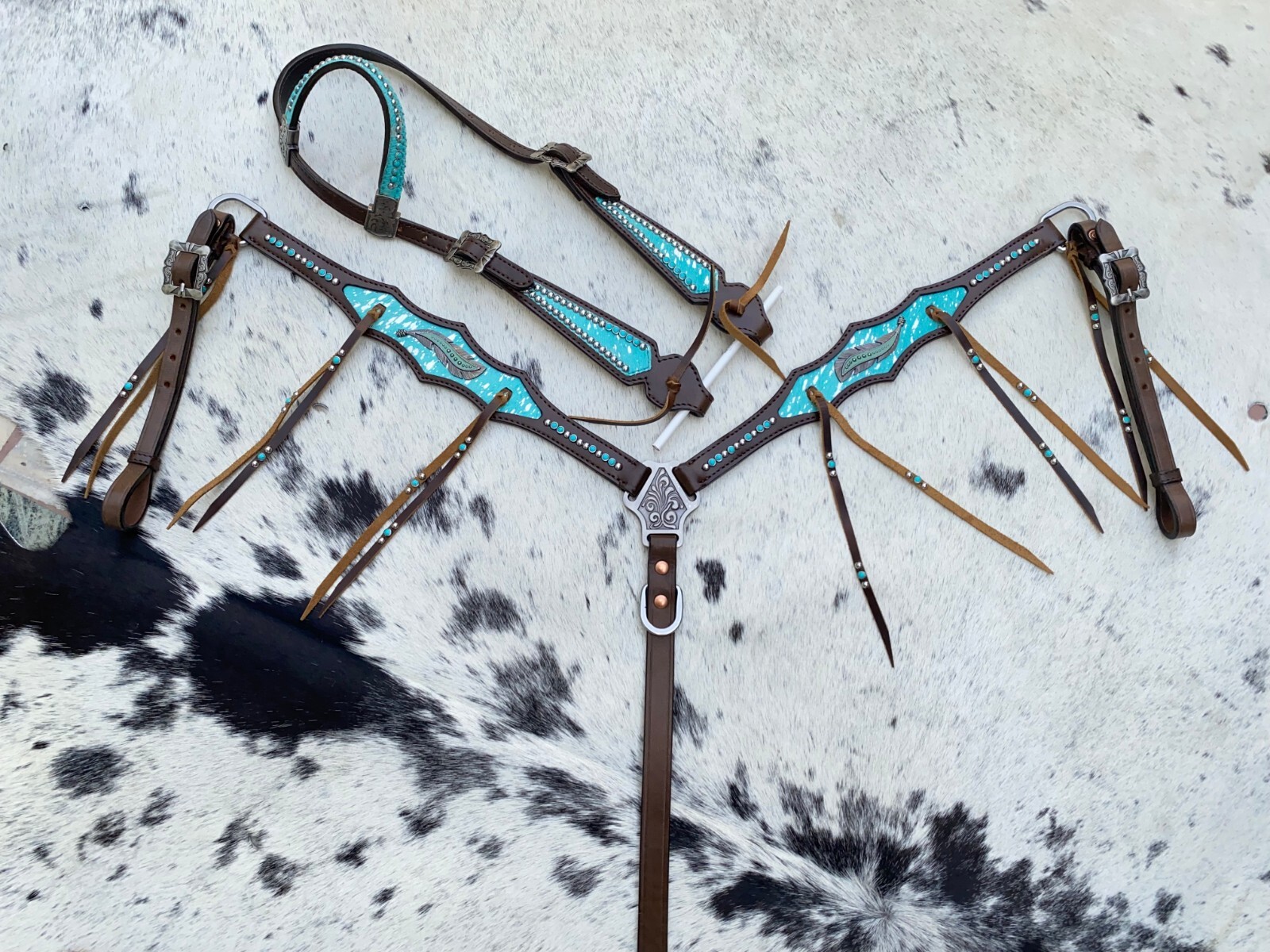 Horse Leather Tack Set Bridle Leather Fringe Headstall and Breast Collar MOUSM