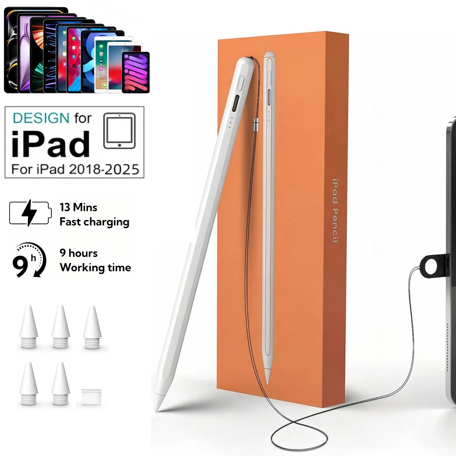 Stylus Pen for iPad with Anti-Loss Lanyards,13 Mins Fast Charging&Palm Rejection