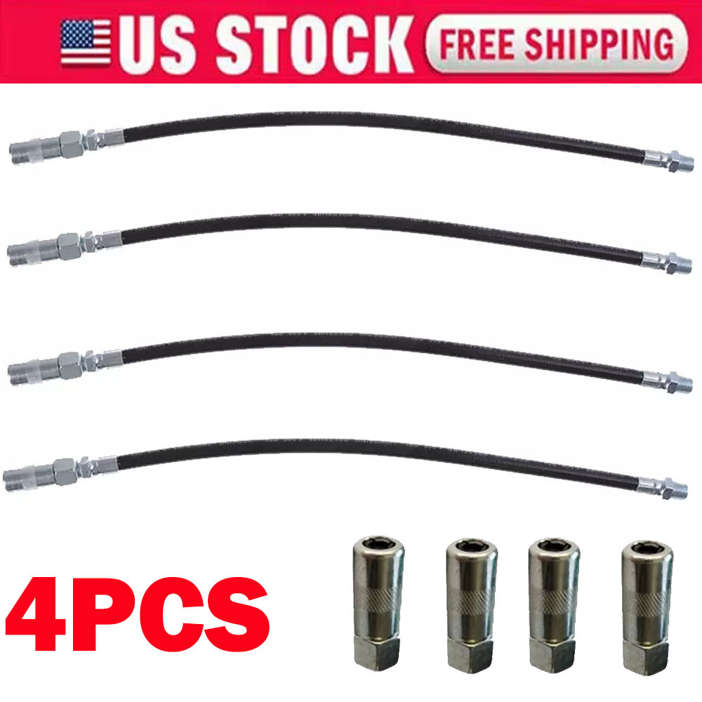 4x 12" Flexible Grease Gun Hose With Coupler Nozzle Long Extension 1/8"NPT HOT