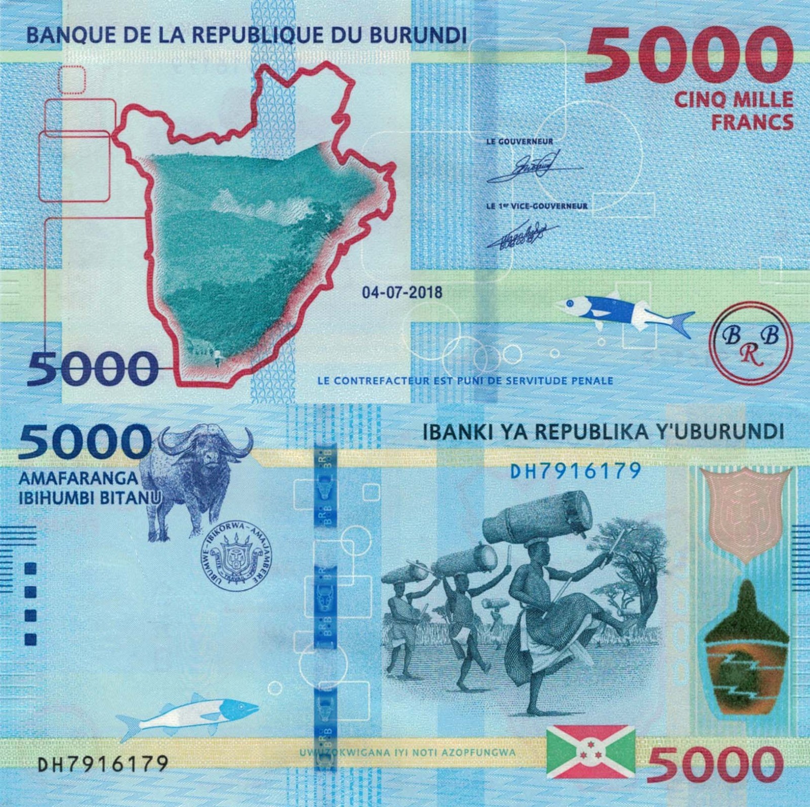 Burundi 5000 Francs (04.07.2018) - Drummers/Water Buffalo/p53b, B239b UNC