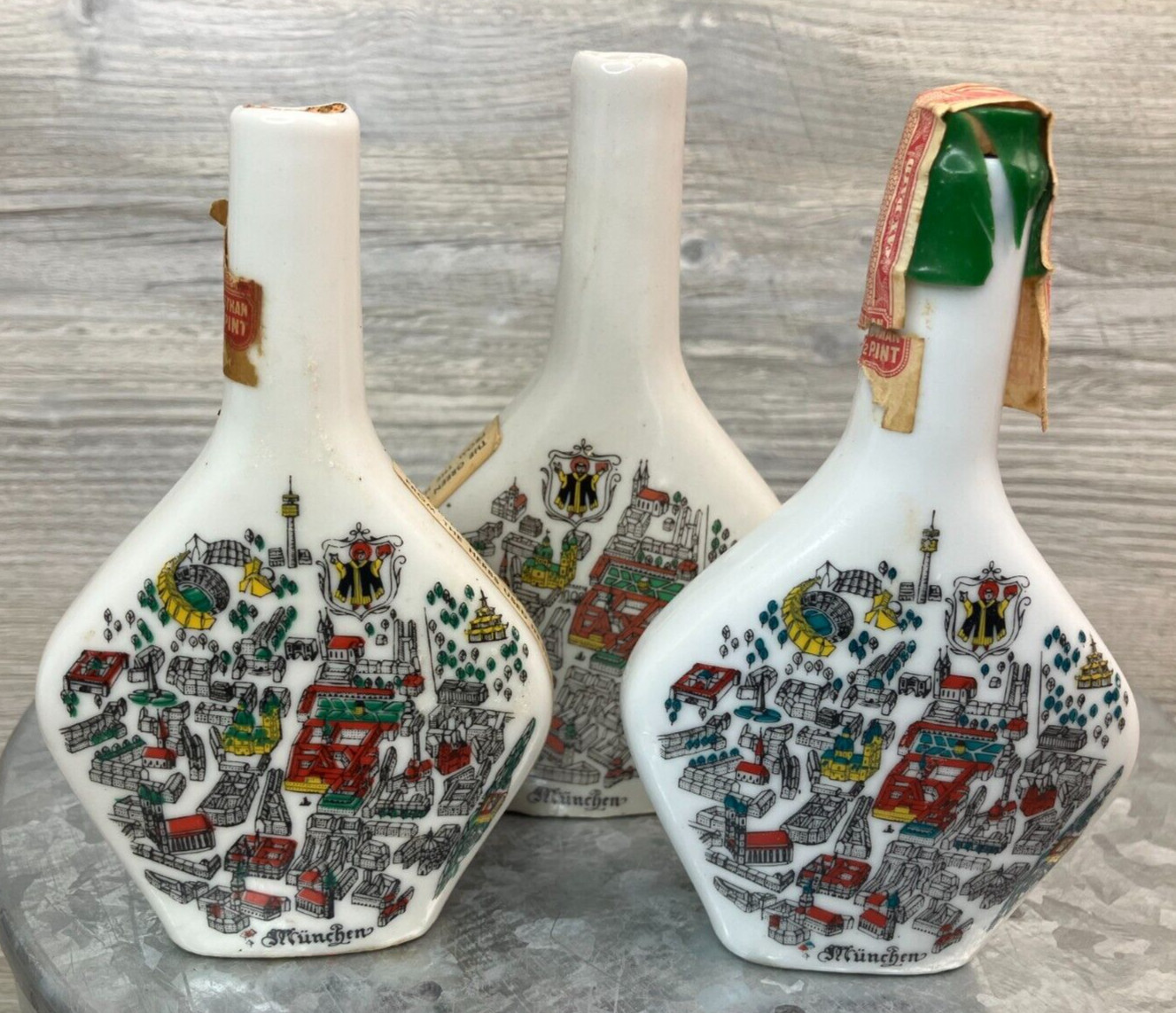 3 Vintage Anton Riemerschmid German Empty Miniature Liquor Bottles Munich